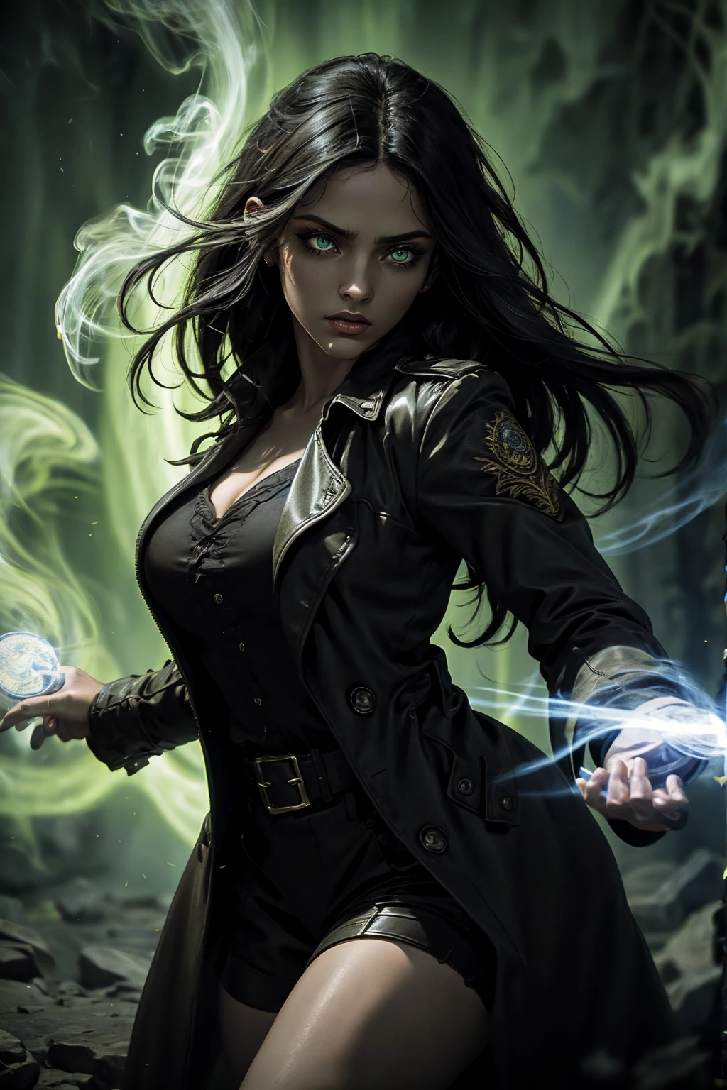 A stunning Indian beauty, with bright green eyes, standing in swirling black smoke, with dark brown-black long wavy hair, mesmerizing features with a scary expression, finely detailed eyes, angry mood masterpiece, top quality, best quality, official art, beautiful and aesthetic:1.2), (1girl), extreme detailed,(fractal art:1.3), colorful, highest detailed, (masterpiece, best quality:1.3) 1 bright-green-eyed woman, professional digital painting, Unreal Engine 5. Wearing a black-buttoned-up military-trench coat. Scary void dripping from body and face black magic swirling around. Arms up casting black magic from fingertips. Black smoke swirled around her. Holding a rapier. Purple-tinted background.
