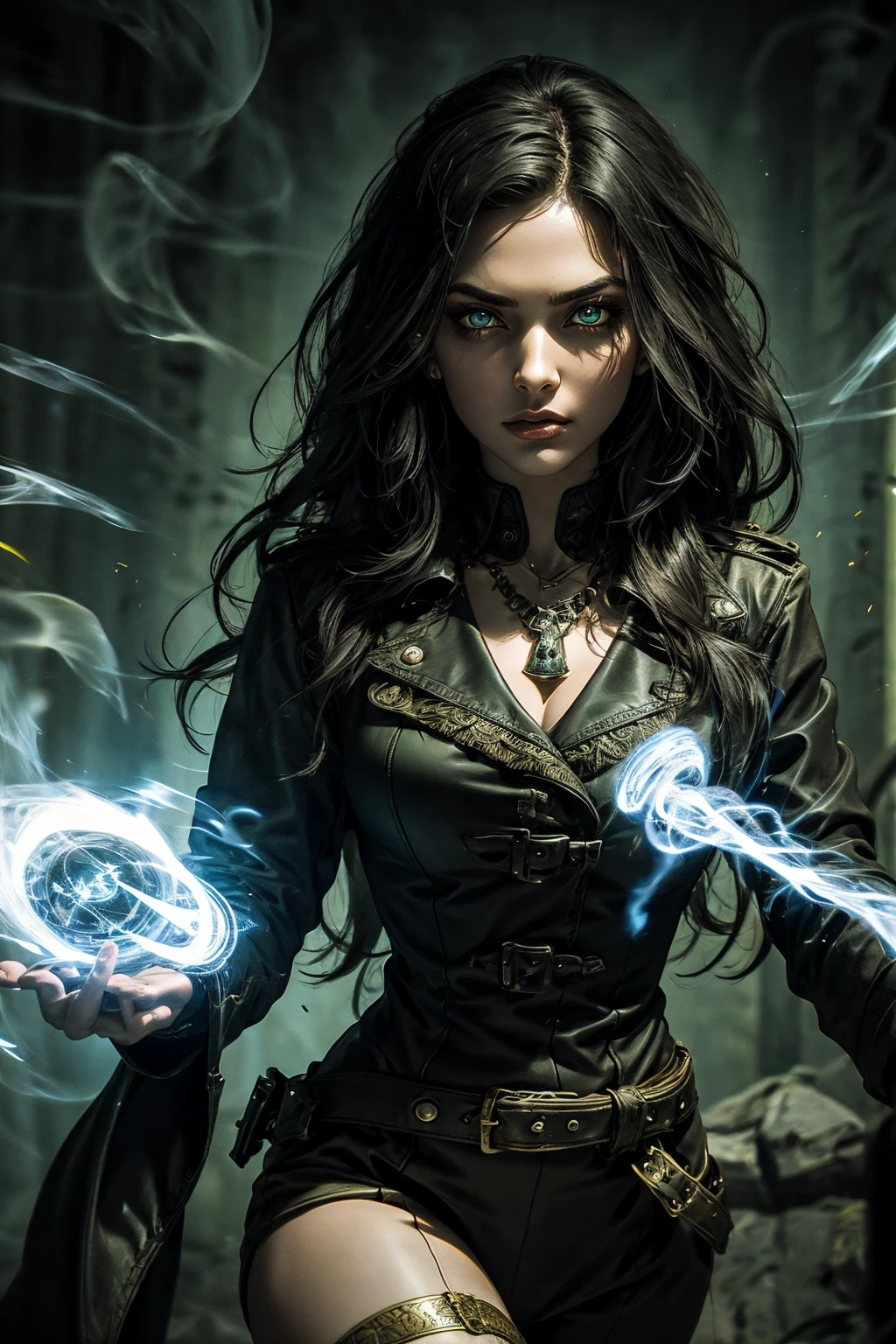 A stunning Indian beauty, with bright green eyes, standing in swirling black smoke, with dark brown-black long wavy hair, mesmerizing features with a scary expression, finely detailed eyes, angry mood masterpiece, top quality, best quality, official art, beautiful and aesthetic:1.2), (1girl), extreme detailed,(fractal art:1.3), colorful, highest detailed, (masterpiece, best quality:1.3) 1 bright-green-eyed woman, professional digital painting, Unreal Engine 5. Wearing a black-buttoned-up military-trench coat. Scary void dripping from body and face black magic swirling around. Arms up casting black magic from fingertips. Black smoke swirled around her. Holding a rapier. Purple-tinted background.
