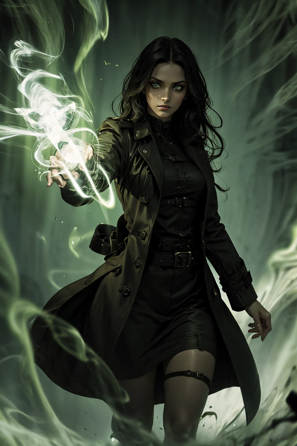 A stunning Indian beauty, with bright green eyes, standing in swirling black smoke, with dark brown-black long wavy hair, mesmerizing features with a scary expression, finely detailed eyes, angry mood masterpiece, top quality, best quality, official art, beautiful and aesthetic:1.2), (1girl), extreme detailed,(fractal art:1.3), colorful, highest detailed, (masterpiece, best quality:1.3) 1 bright-green-eyed woman, professional digital painting, Unreal Engine 5. Wearing a black-buttoned-up military-trench coat. Scary void dripping from body and face black magic swirling around. Arms up casting black magic from fingertips. Black smoke swirled around her. Holding a rapier. Purple-tinted background.
