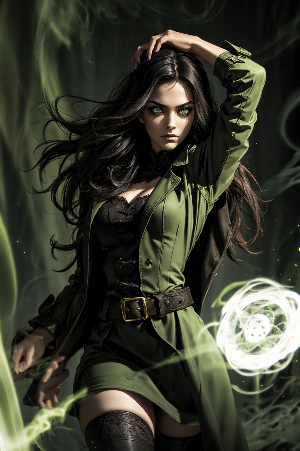 A stunning Indian beauty, with bright green eyes, standing in swirling black smoke, with dark brown-black long wavy hair, mesmerizing features with a scary expression, finely detailed eyes, angry mood masterpiece, top quality, best quality, official art, beautiful and aesthetic:1.2), (1girl), extreme detailed,(fractal art:1.3), colorful, highest detailed, (masterpiece, best quality:1.3) 1 bright-green-eyed woman, professional digital painting, Unreal Engine 5. Wearing a black-buttoned-up military-trench coat. Scary void dripping from body and face black magic swirling around. Arms up casting black magic from fingertips. Black smoke swirled around her. Holding a rapier. Purple-tinted background.
