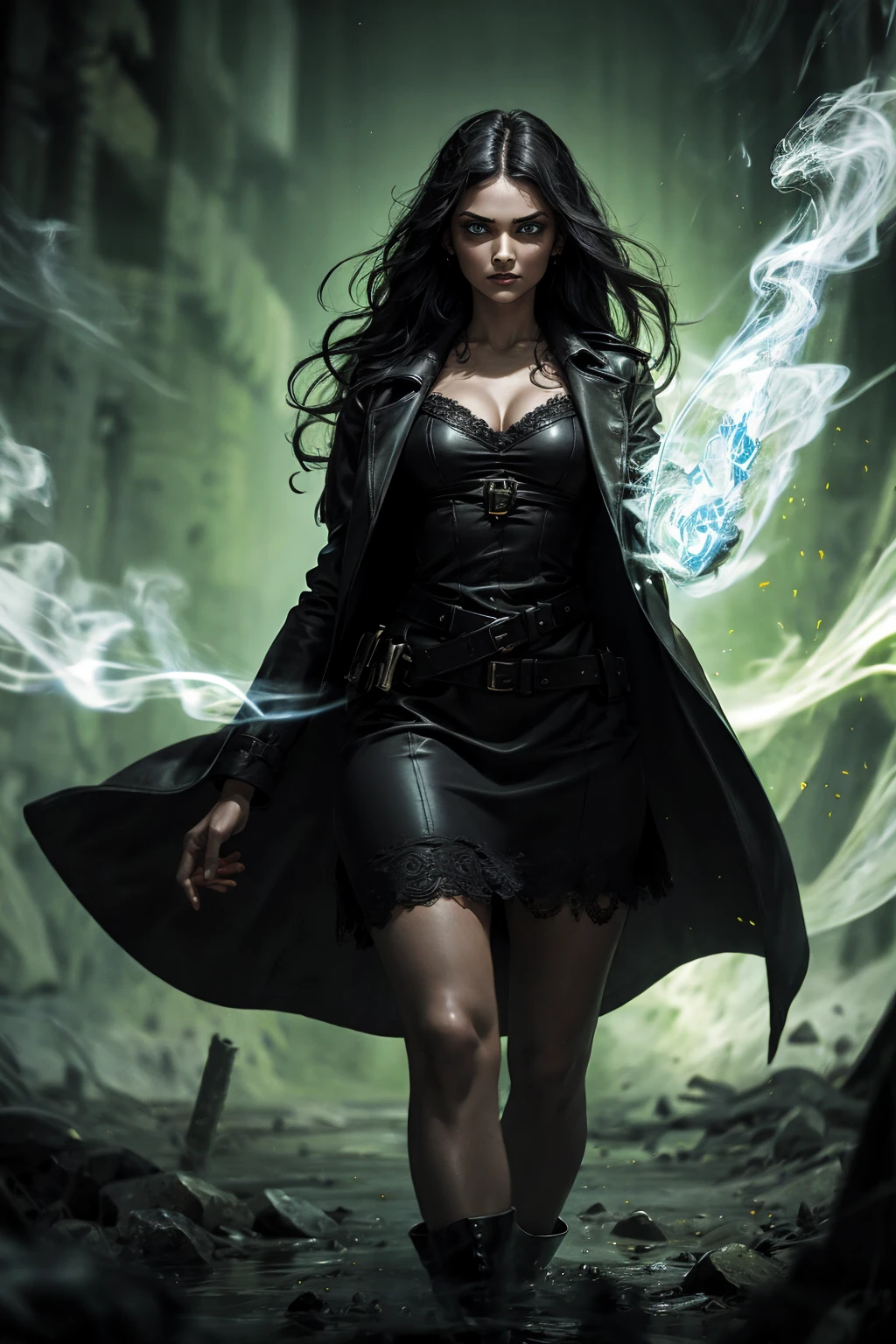 A stunning Indian beauty, with bright green eyes, standing in swirling black smoke, with dark brown-black long wavy hair, mesmerizing features with a scary expression, finely detailed eyes, angry mood masterpiece, top quality, best quality, official art, beautiful and aesthetic:1.2), (1girl), extreme detailed,(fractal art:1.3), colorful, highest detailed, (masterpiece, best quality:1.3) 1 bright-green-eyed woman, professional digital painting, Unreal Engine 5. Wearing a black-buttoned-up military-trench coat. Scary void dripping from body and face black magic swirling around. Arms up casting black magic from fingertips. Black smoke swirled around her. Holding a rapier. Purple-tinted background.
