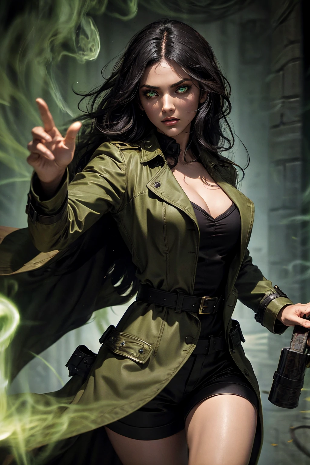 A stunning Indian beauty, with bright green eyes, standing in swirling black smoke, with dark brown-black long wavy hair, mesmerizing features with a scary expression, finely detailed eyes, angry mood masterpiece, top quality, best quality, official art, beautiful and aesthetic:1.2), (1girl), extreme detailed,(fractal art:1.3), colorful, highest detailed, (masterpiece, best quality:1.3) 1 bright-green-eyed woman, professional digital painting, Unreal Engine 5. Wearing a black-buttoned-up military-trench coat. Scary void dripping from body and face black magic swirling around. Arms up casting black magic from fingertips. Black smoke swirled around her. Holding a rapier. Purple-tinted background.
