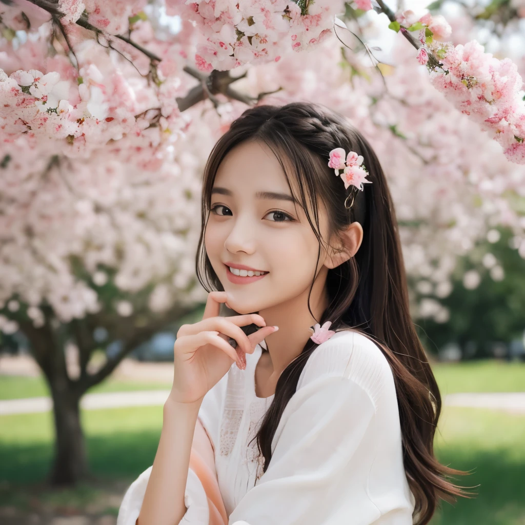 cute  girl, Laugh while looking at the peach tree、full body shot、Height: approx. 160cm, brown eyes, Spring-like pink clothes, braided black hair, masterpiece, 最high quality, 超high quality, high quality, High resolution, ultla High resolution, disorganized, 4k, 8K, 16k, very detailed, Complex, great shading, high contrast, realistic, photo realistic, RAW photo, photo shoot, super detailed illustrations, shortening, perfect anatomy, correct anatomy, perfect proportions, perfect face, perfect hands, perfect legs, perfect fingers、The background is a bright peach tree々