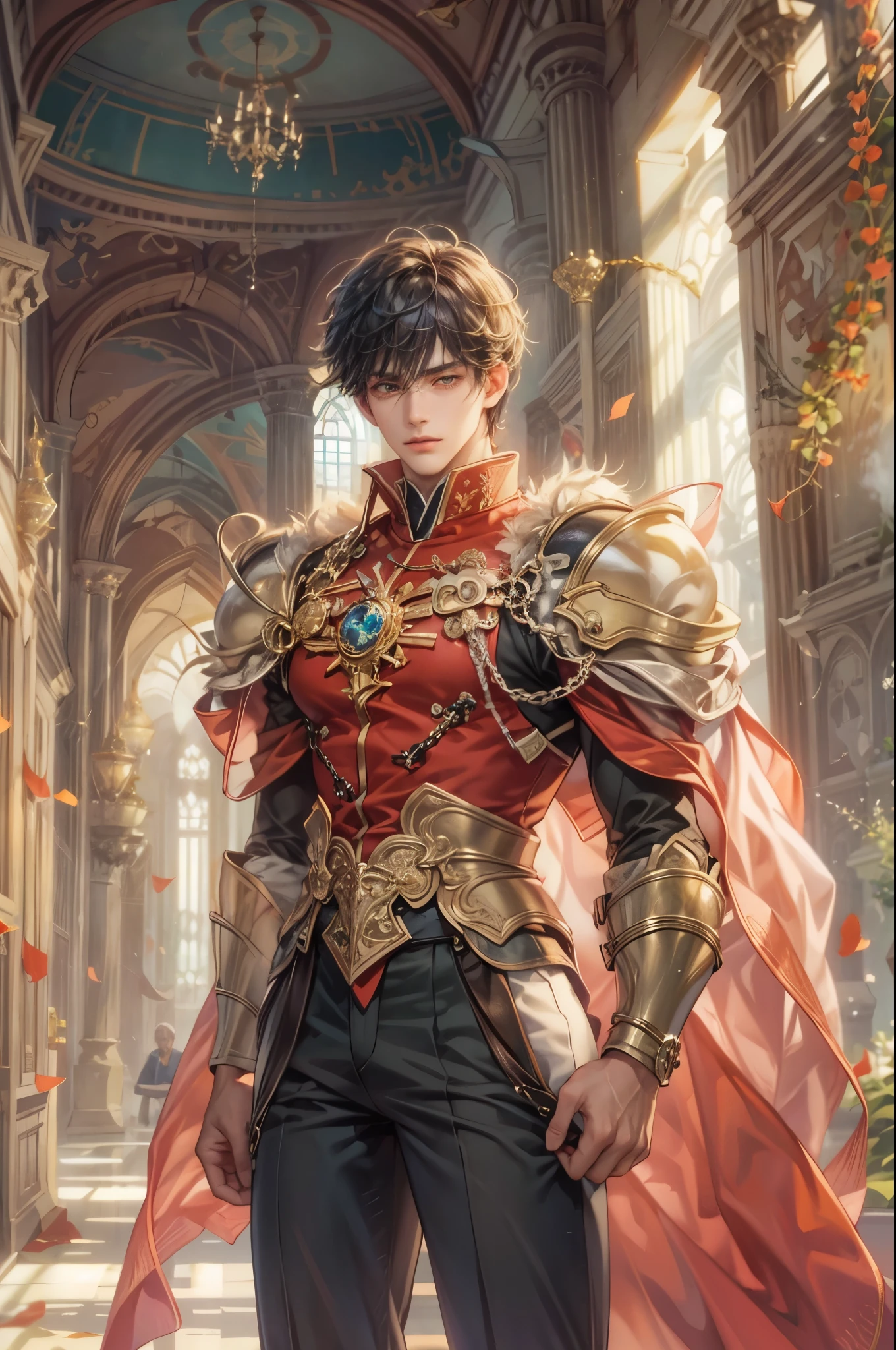 ((Best quality)), ((masterpiece)), (detailed), ((perfect face)), ((halfbody)) handsome face, male,  boy,  perfect proportions , a character from anime saint seiya, short hair, male version , detailed ghibli interior scenery background 