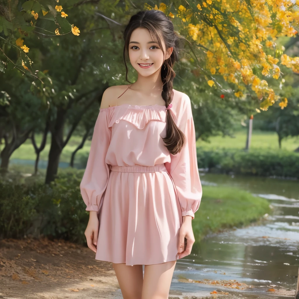 cute  girl, Laugh while looking at the peach tree、full body shot、Height: approx. 160cm, brown eyes, Spring-like pink clothes, braided black hair, masterpiece, 最high quality, 超high quality, high quality, High resolution, ultla High resolution, disorganized, 4k, 8K, 16k, very detailed, Complex, great shading, high contrast, realistic, photo realistic, RAW photo, photo shoot, super detailed illustrations, shortening, perfect anatomy, correct anatomy, perfect proportions, perfect face, perfect hands, perfect legs, perfect fingers、The background is a bright peach tree々