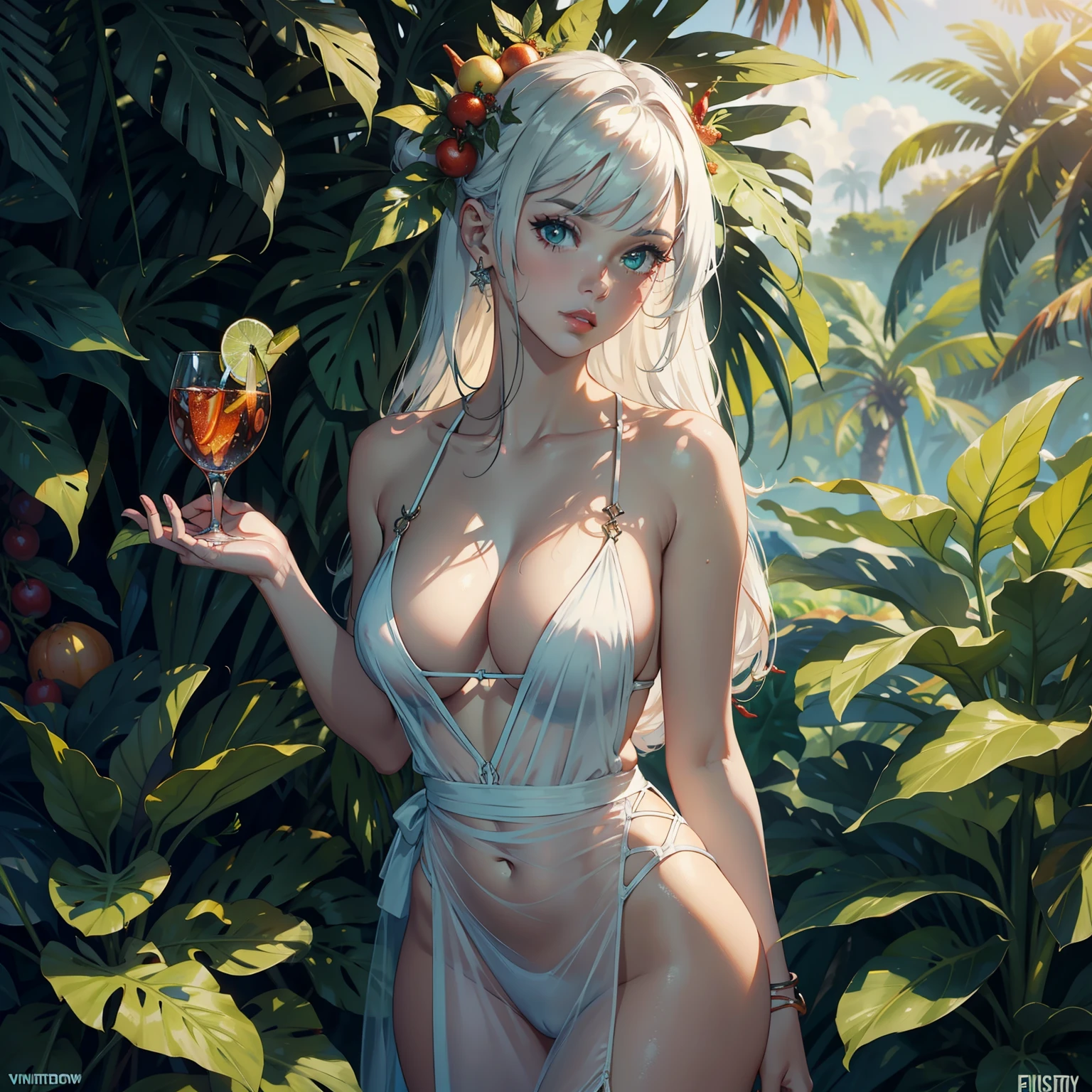 (Masterpiece, White Widow:1.0), Exotic beauty, pino (-tree), dulce (-dessert), fruta (-fruit), picante (-spicy), euforia (-ecstasy), verde (-green), fuerte (-strong), hablador (-speaking),
(High Quality, Realistic rendering), Shiny white skin, (NSFW, 8K Wallpaper, High resolution), Detailed facial features, Expressive eyes, Red lips, Seductive pose,
(Tropical setting:1.0), Surrounded by lush greenery, White widow wearing a revealing dress, Low-cut top, Fruit in hand,