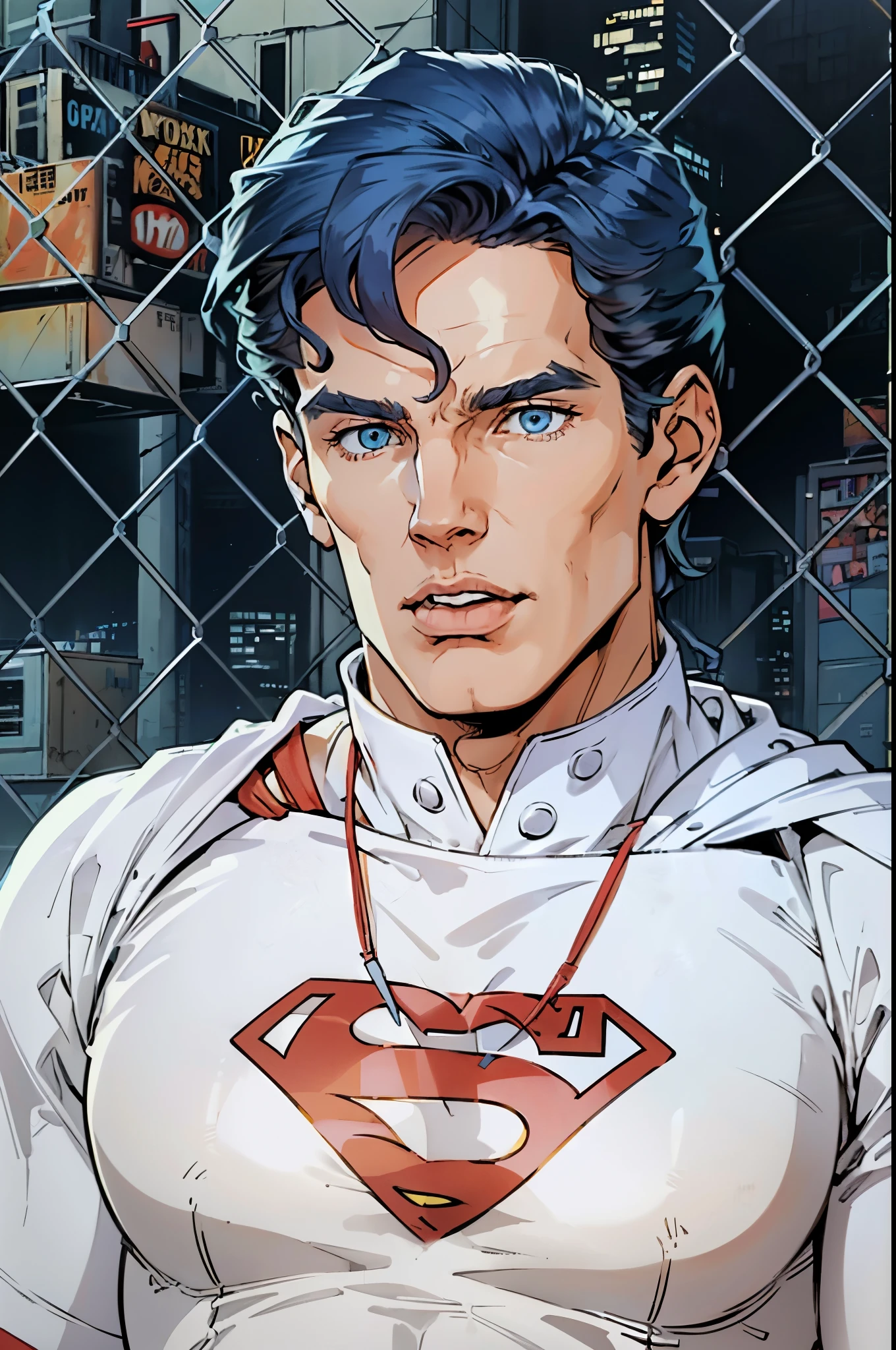 there is a man , ((Superman suit))，(blue eyes),90s comic ,Marvel Comics，background is New York city's，professional comic book style, prominent outline linework