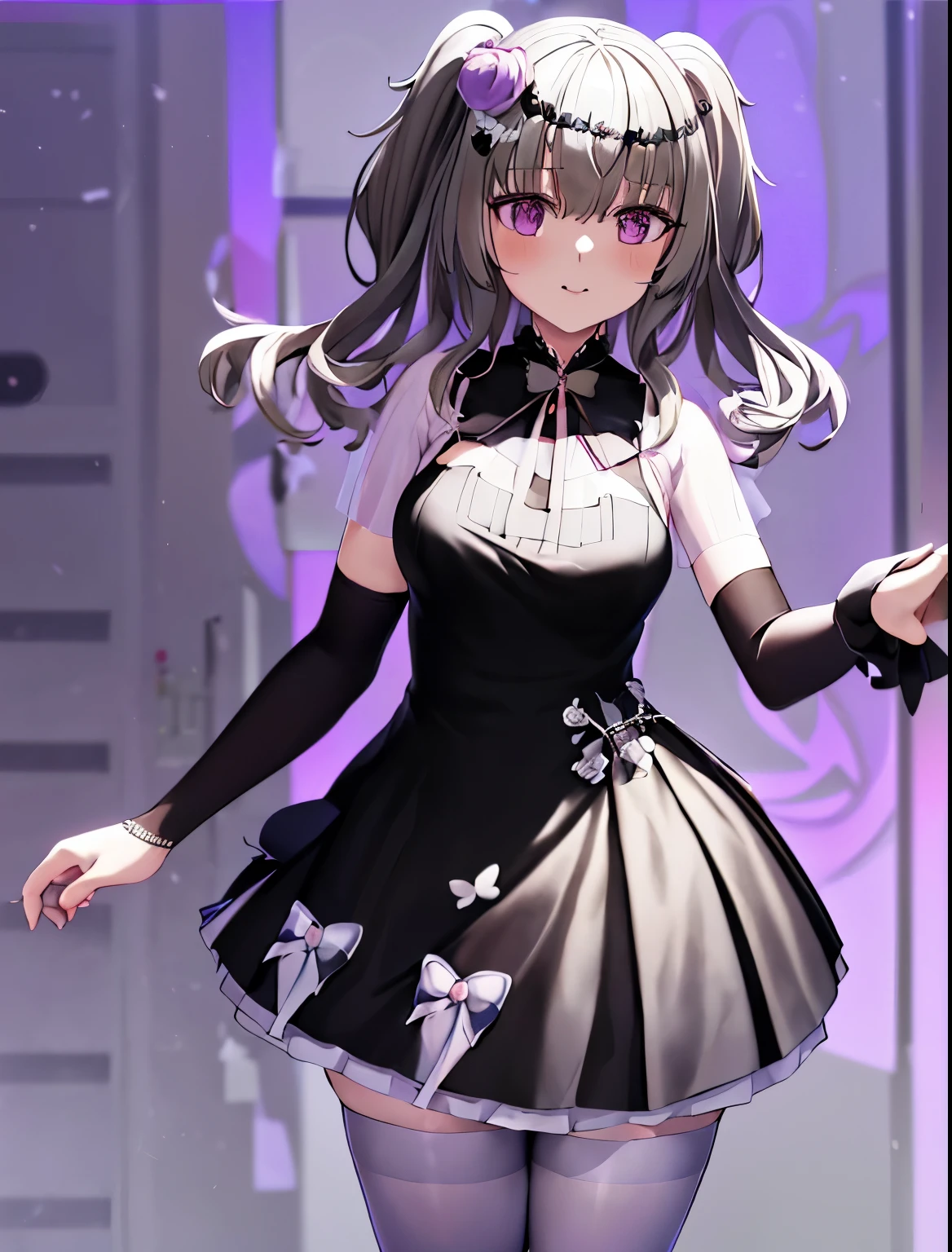 Anime girl in a black and white dress and white tights,  in a dress, Anime Vtuber full body model, chiaki nanami from danganronpa, rorish, junko enoshima from danganronpa, Cute 3d anime girl rendering, Yandere, anime girl in a black dress, Danganronpa digital art