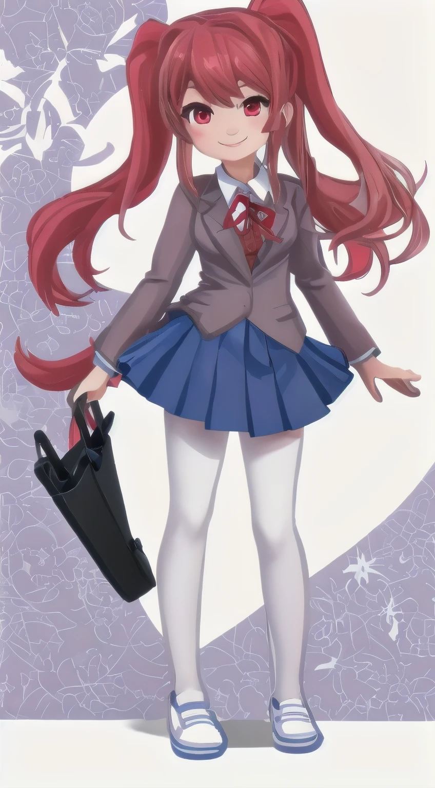 (best quality,ultra-detailed), full body, anime, bossy red pigtail girl, bat hair clip, ddlc school uniform, white leggings, white and blue shoes, cgi, 3D, smiling, red ribbon, brown suit, blue skirt, smiling, red eyes, no outlines, no 2D