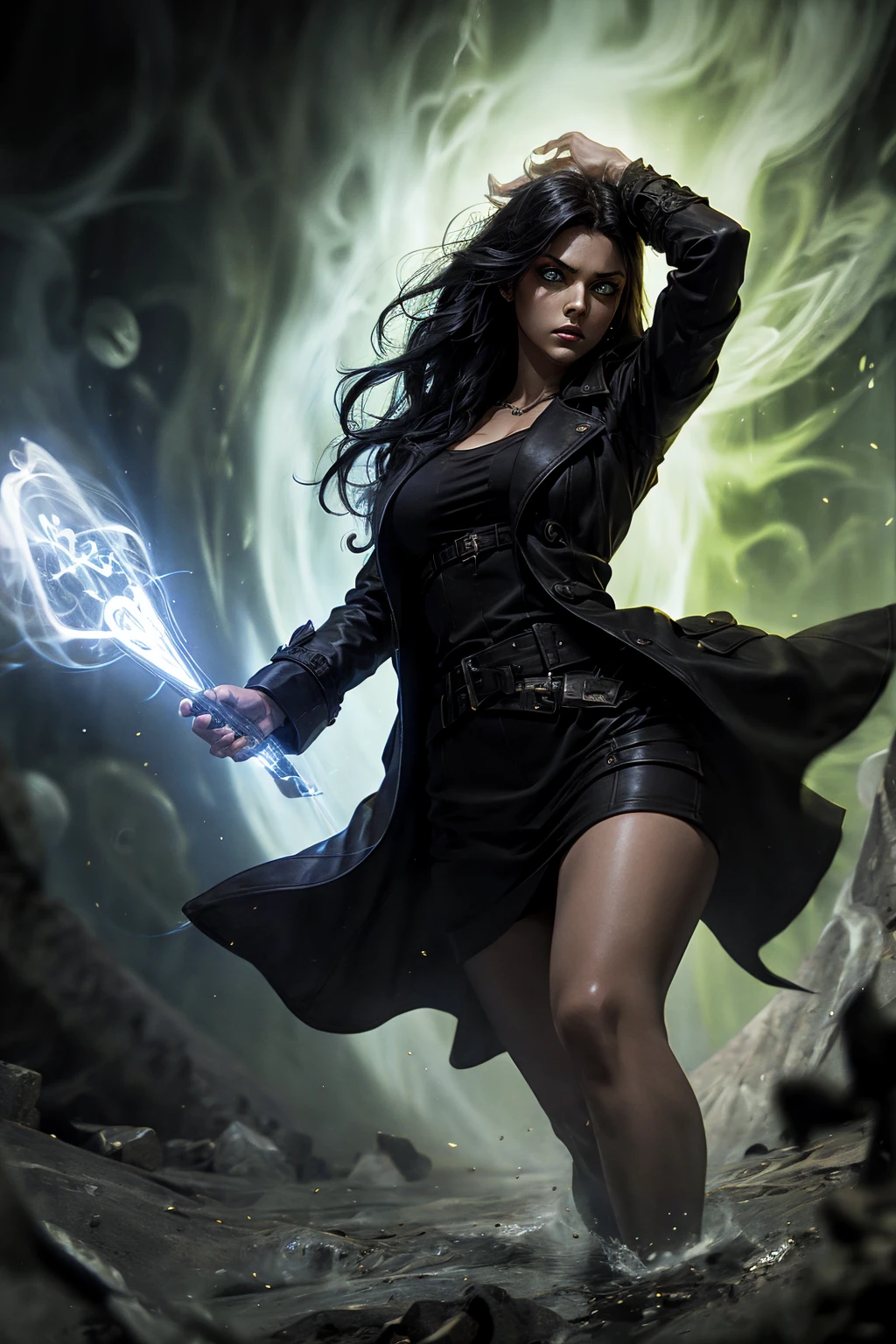A stunning Indian beauty, with bright green eyes, standing in swirling black smoke, with dark brown-black long wavy hair, mesmerizing features with a scary expression, finely detailed eyes, angry mood masterpiece, top quality, best quality, official art, beautiful and aesthetic:1.2), (1girl), extreme detailed,(fractal art:1.3), colorful, highest detailed, (masterpiece, best quality:1.3) 1 bright-green-eyed woman, professional digital painting, Unreal Engine 5. Wearing a black-buttoned-up military-trench coat. Scary void dripping from body and face black magic swirling around. Arms up casting black magic from fingertips. Black smoke swirled around her. Holding a rapier. Purple-tinted background.

