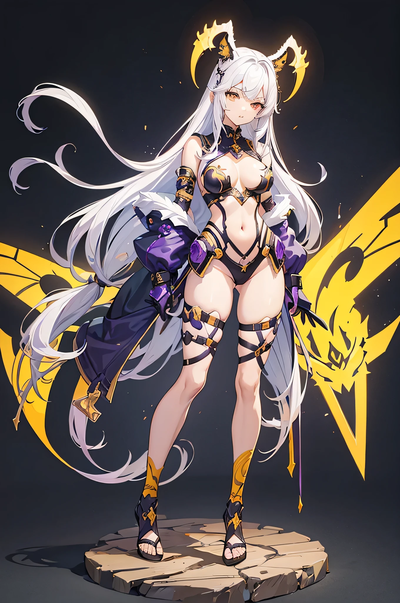 1girl, ( ( character concept art ) ), long wavy light white purple hair, wearing yellow scorpion armour with tiger stripes, scorpion claw arms, with scorpion tail, scorpion mouth mask, d cup breasts, , sexy toned body, full body, sexy pose, gray background