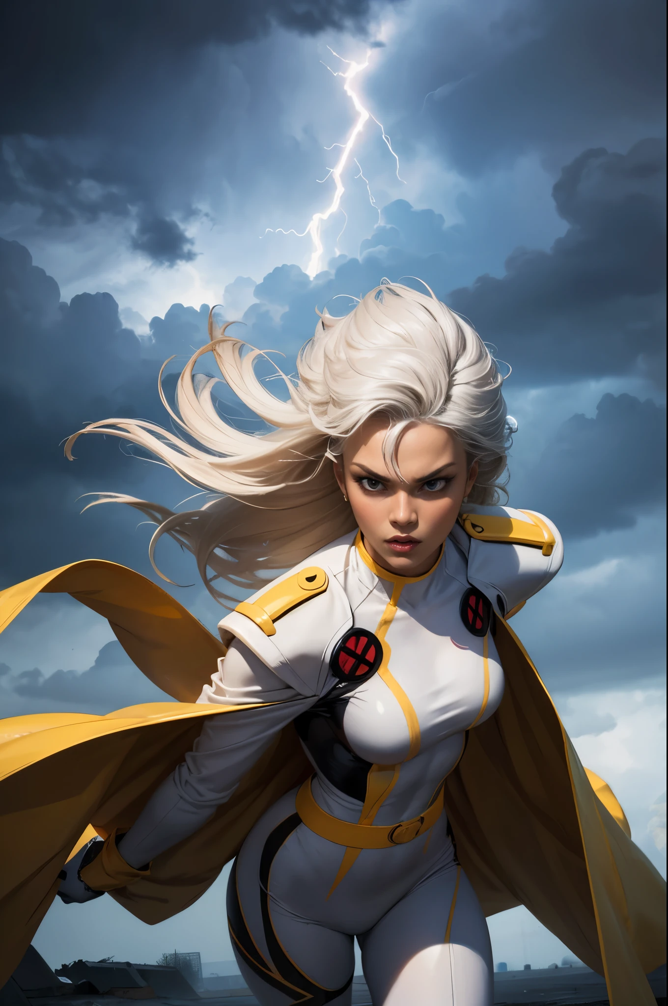 best quality,highres,ultra-detailed,realistic:1.37,professional,dynamic,action shot,storm character art,storm from the X-Men,storm conjuring lightning,storm with flowing white hair,storm with intense gaze,storm in a powerful pose,strong facial features,storm's iconic cape,storm surrounded by storm clouds,storm with dramatic lighting,storm's eyes glowing white,storm's lightning powers crackling,storm with an intense expression,storm with a determined look,storm wearing her classic costume,storm floating in the air,storm with winds swirling around her,storm creating a thunderstorm,storm casting lightning bolts,storm's cape billowing in the wind,storm with a fierce and confident posture,vivid colors,bokeh,portrait. (crotch)