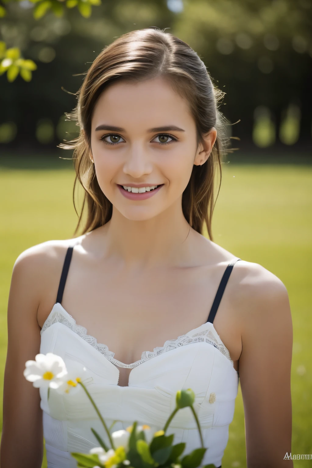 Masterpiece, Best quality, 8k, 18 ans, Photo brute, absurdes, Award-winning portrait, sourire, sourire, pure, french, elegant vibrant green dress, spring, orchard in bloom, laces, famous singer, cute, fit, healthy, lovely