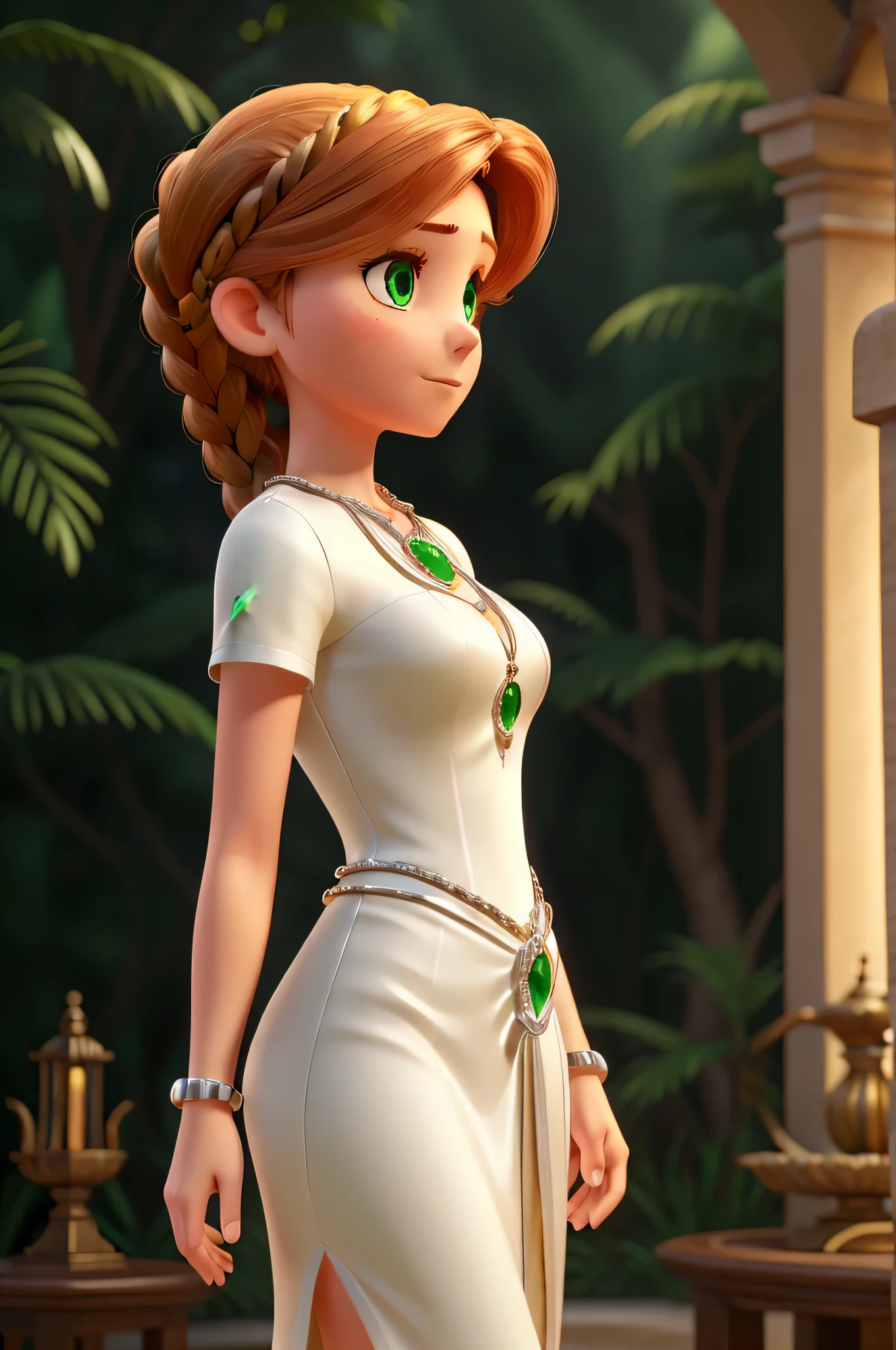 (Grace Kelly:Rachel Welch:0.5), A 30-year-old woman with ginger hair, high detail face, high detail skin, detailed green eyes, twin braids, a silver necklace with a ruby pendant, wearing a plunging white transparent Greek robe, Roman sandals, silver bracelets on her arms, legs, forest in the background, masterpiece, extremely high detail, cinematic lighting, backlight, shallow depth of field, bokeh, sharp focus, RAW photo, from behind