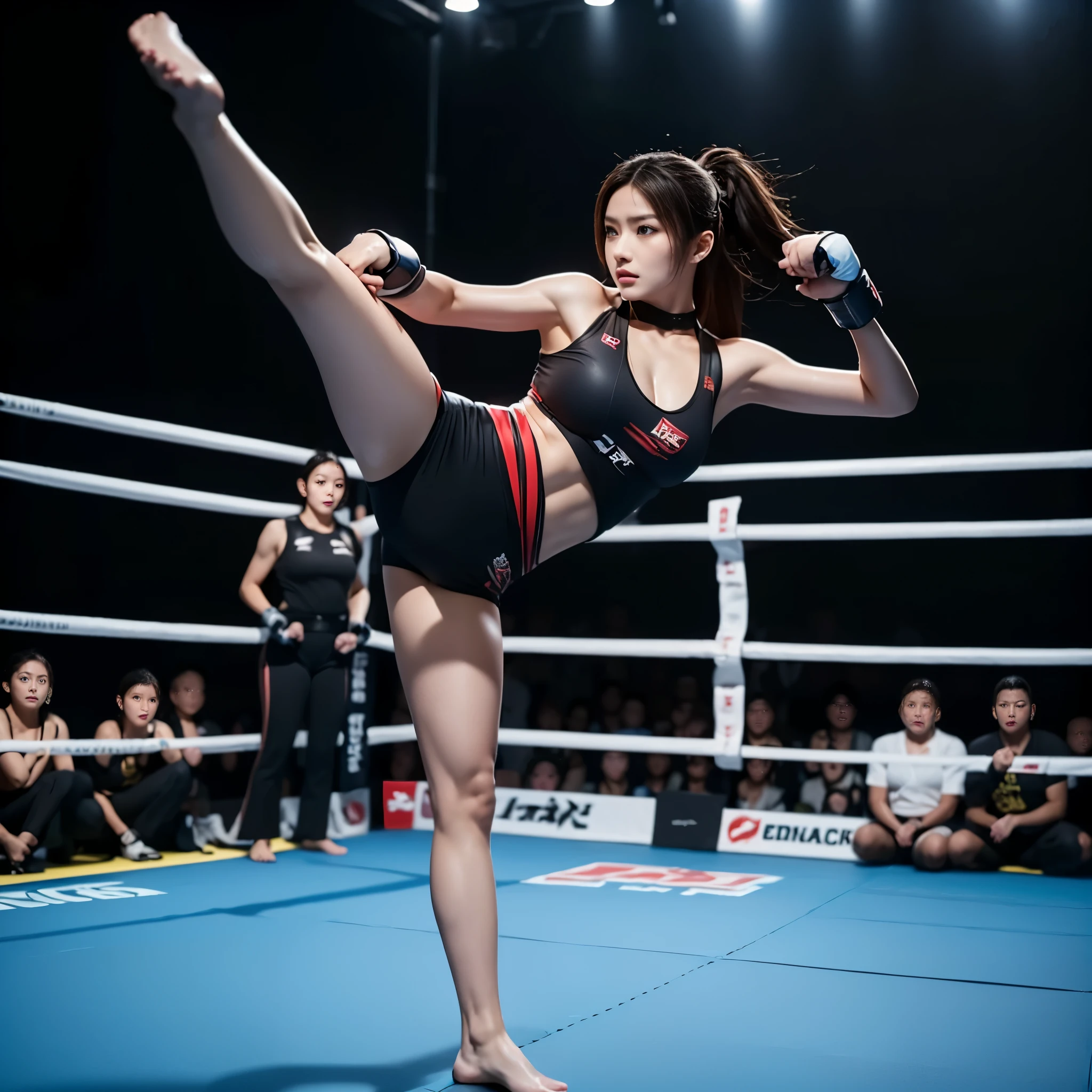 full body display,8k, best quality, high resolution, actual, real person, Female martial artist in fighting competition, show ferocity, She gave a powerful kick，The expression is firm. The scene captures the intensity and focus of the fighter jet, Showcasing her athletic prowess and fighting skills in vibrant and action-packed moments.