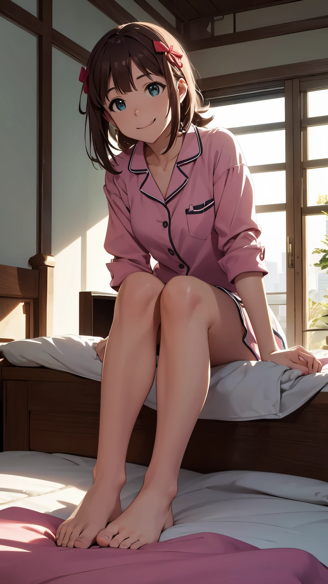 CG, unity, 8k, wallpaper, highest quality, masterpiece, haruka amami, (smile: 1.1), sit on the bed, pajamas, shorts, barefoot, sexy legs, best lighting, complex pupils, complex textile, detailed background, in the room, There's a big window behind her, You can see the view of a quiet residential area from the window, morning, bright room