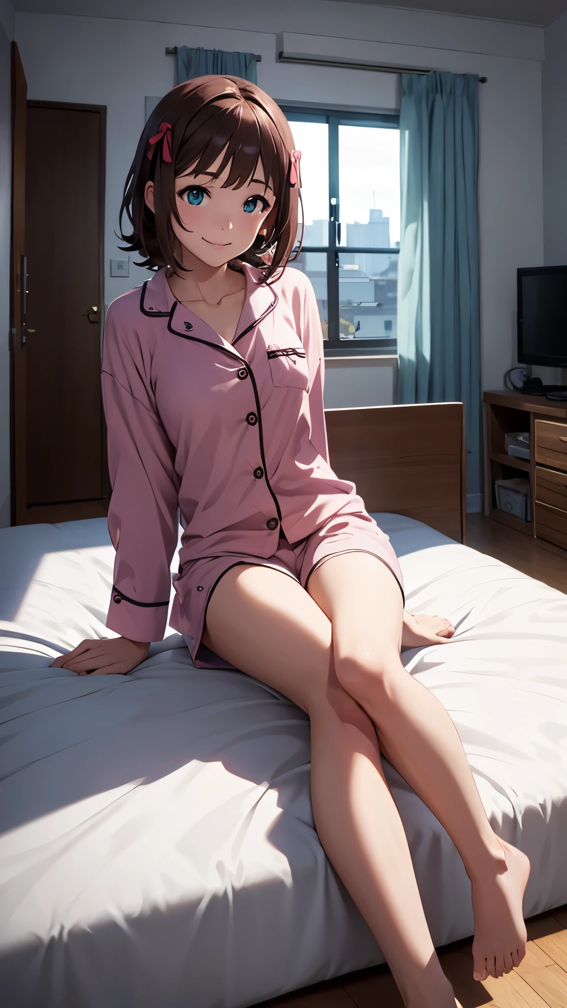 CG, unity, 8k, wallpaper, highest quality, masterpiece, haruka amami, (smile: 1.1), sit on the bed, pajamas, shorts, barefoot, sexy legs, best lighting, complex pupils, complex textile, detailed background, in the room, There's a big window behind her, garden behind the window, morning, bright room, refreshing atmosphere