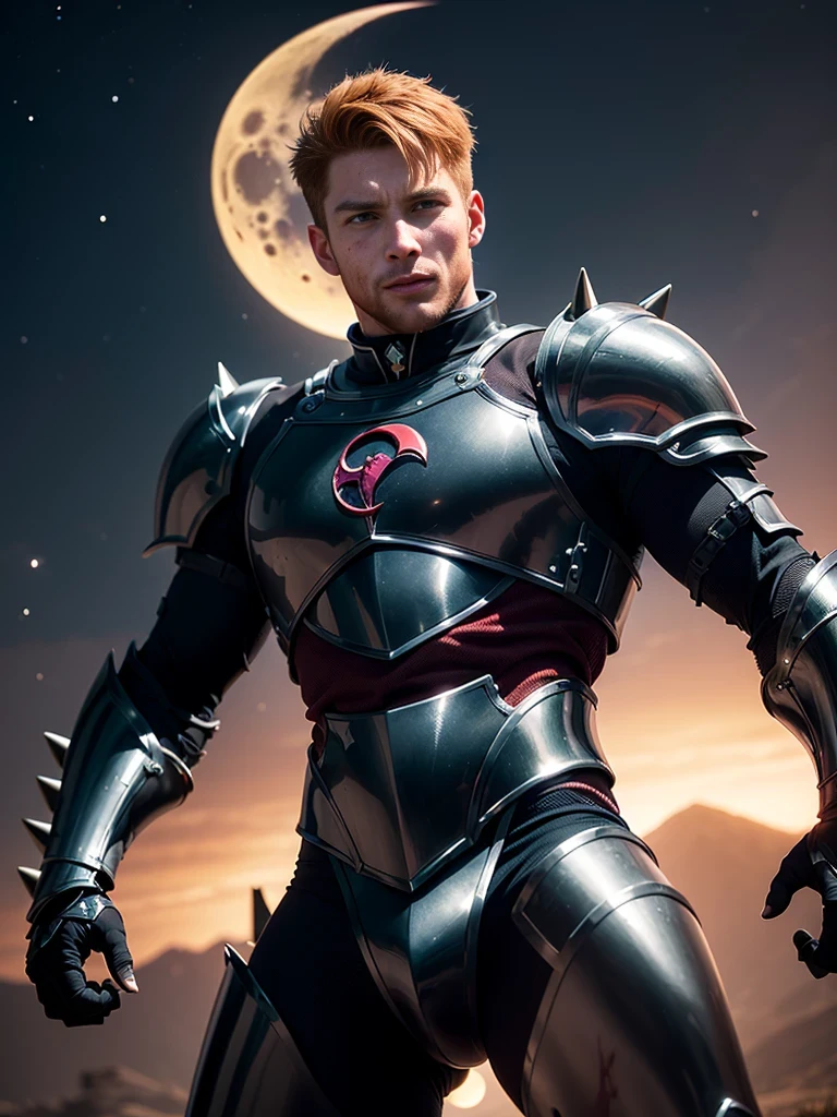 (((([african:european:0.5], night, dark, blood crescent moon, handsome athletic male, black chrome armor:1.6, spikes)))), posing, dynamic cinematic pose, at night, dark, athletic detailed body and face, highly detailed expressive , space above head, depth of field, ultra realistic, Fujifilm, BREAK (ginger hair), (((8k, hyperrealistic)))
