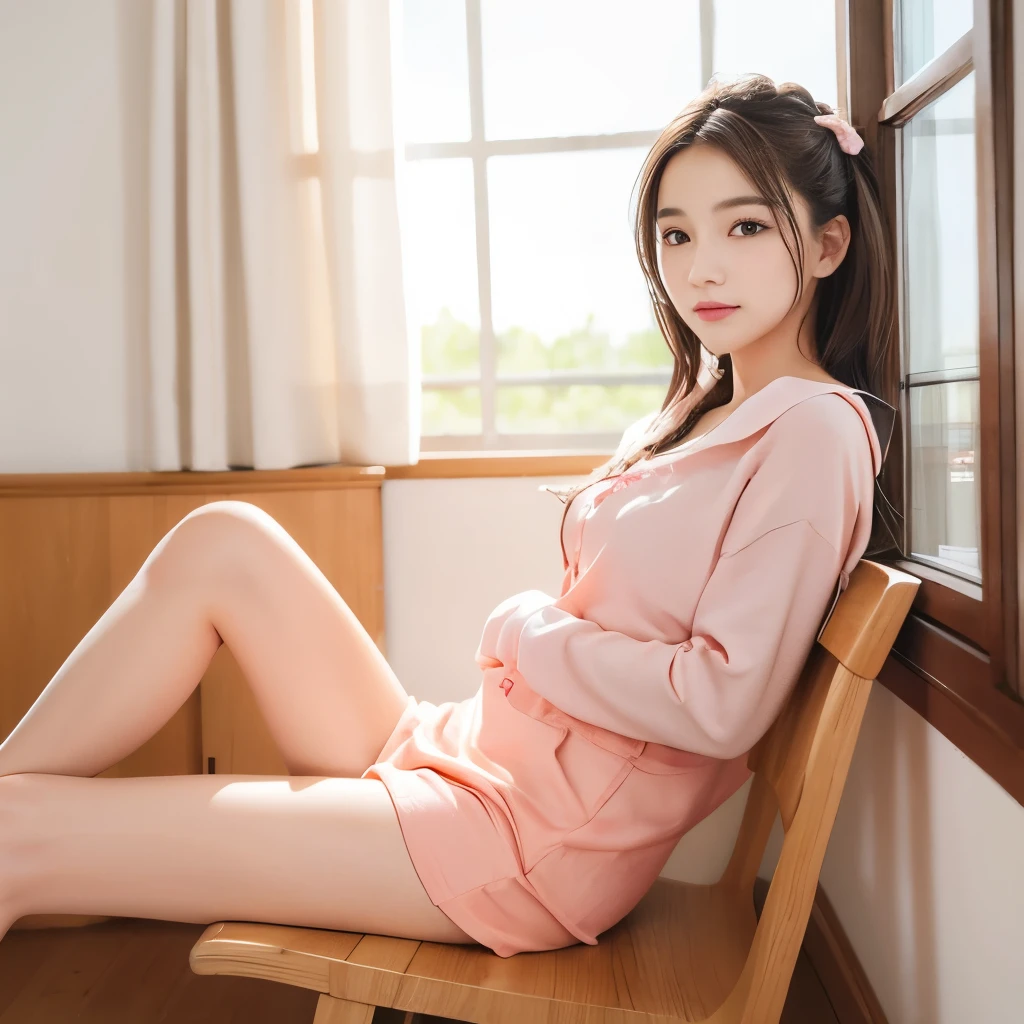 cute teenage girl, looking at the peach tree、full body shot、Height: approx. 160cm, brown eyes, Spring-like pink clothes, braided black hair, masterpiece, 最high quality, 超high quality, high quality, High resolution, ultla High resolution, disorganized, 4k, 8K, 16k, very detailed, Complex, great shading, high contrast, realistic, photo realistic, RAW photo, photo shoot, super detailed illustrations, shortening, perfect anatomy, correct anatomy, perfect proportions, perfect face, perfect hands, perfect legs, perfect fingers、The background is a bright peach tree々