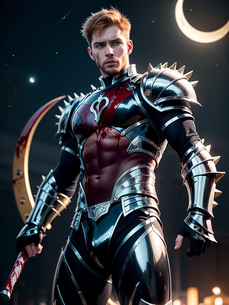 Full Body photorealistic 4k, high resolution, best quality, masterpiece, perfect color, perfect shade, perfect lighting, Posted by e621, ((portrait)), ((handsome man)), perfect male figure, Short hair details,chest muscles,abdominal muscles,Naked torso,Detailed face, perfect face, (stood up), Detailed background, ((Bonifasco Lighting)), (delicate eyes),((red fiery armor)),((animal ears)),white hair