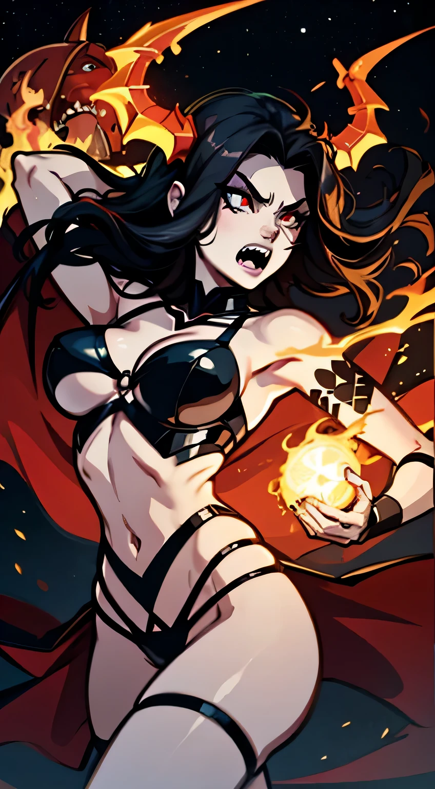 beautiful demon woman with long black hair, sharp teeth, furious, battle, glowing red eyes, bat wings on back, ram horns, angry, fight, fireball, hazbin hotel