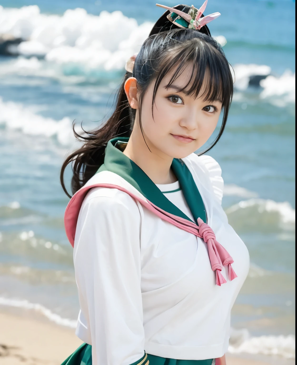 (highest quality:1.2),(perfect beautiful face:1.2),(perfect and beautiful posture:1.2),(japanese woman:1.1),ponytail, On the beach in midsummer, smile, big breasts, (Chubby:1.0),Ultra-high precision photos,clear eyes, ((sailor_jupiter:1.1))