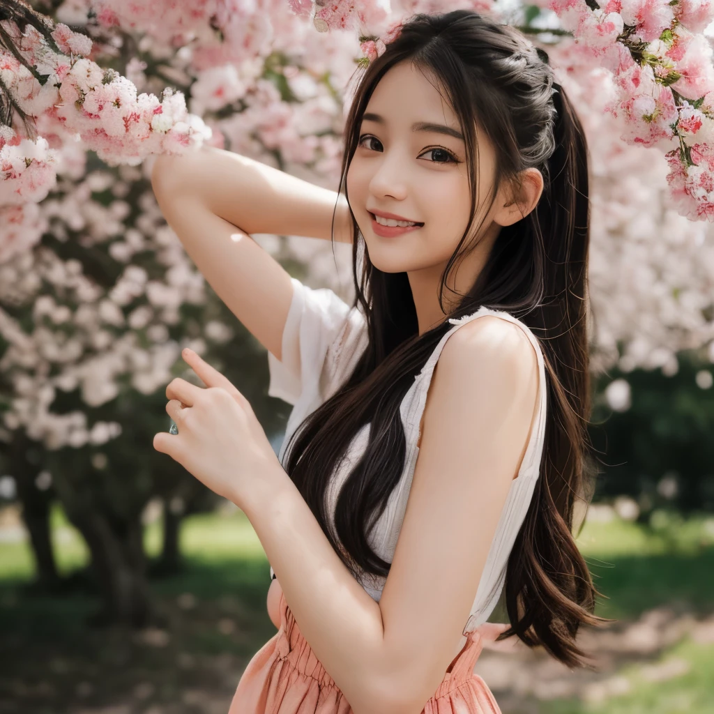 cute teenage girl, Laugh while looking at the peach tree、full body shot、Height: approx. 160cm, brown eyes, Spring-like pink clothes, braided black hair, masterpiece, 最high quality, 超high quality, high quality, High resolution, ultla High resolution, disorganized, 4k, 8K, 16k, very detailed, Complex, great shading, high contrast, realistic, photo realistic, RAW photo, photo shoot, super detailed illustrations, shortening, perfect anatomy, correct anatomy, perfect proportions, perfect face, perfect hands, perfect legs, perfect fingers、The background is a bright peach tree々