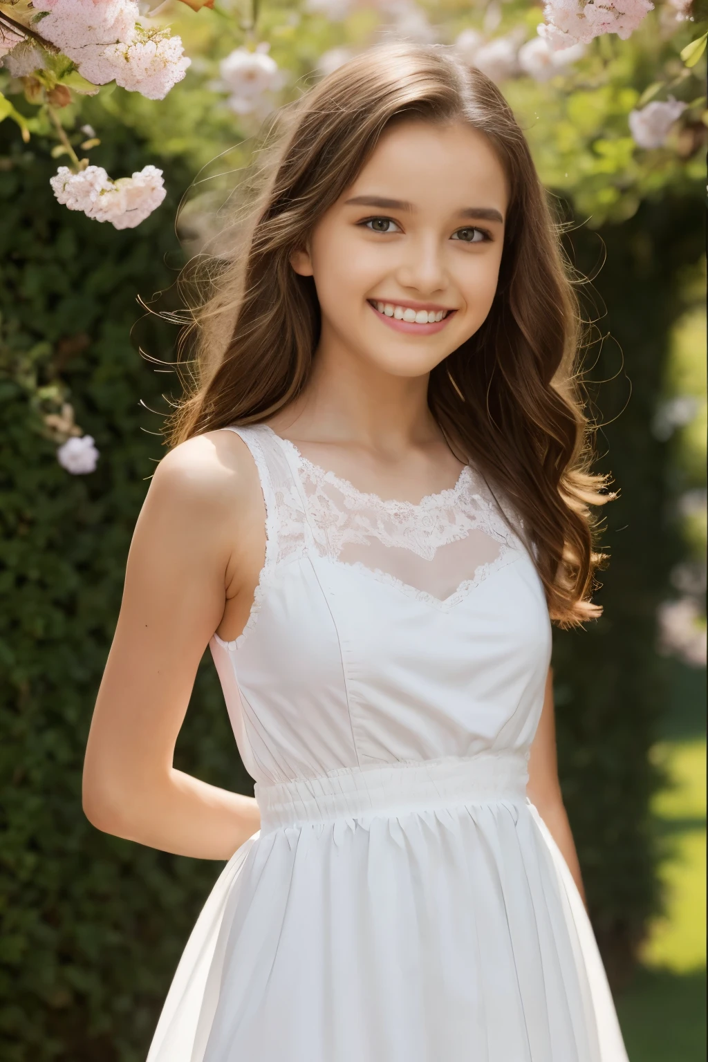 Masterpiece, Best quality, 8k, 18 ans, Photo brute, absurdes, Award-winning portrait, sourire, sourire, pure, french, elegant vibrant green dress, spring, orchard in bloom, laces, famous singer, cute, fit, healthy, lovely