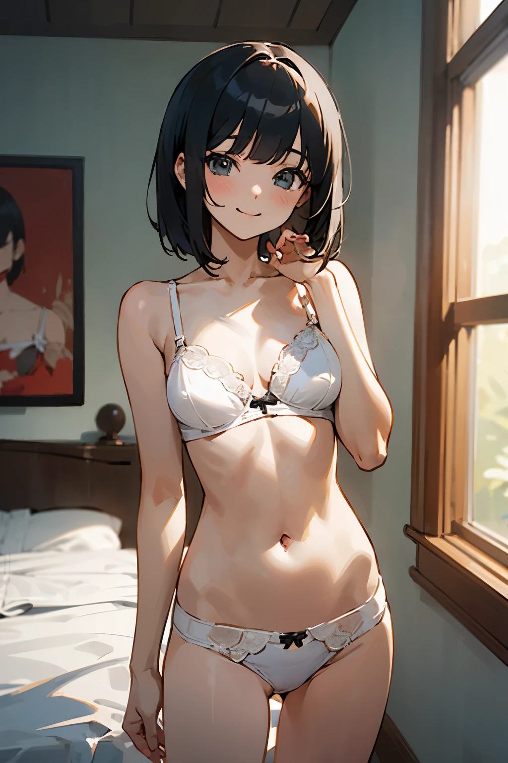 NSFW、with the best image quality、age girl standing in the room。in high resolution、beautiful details、quiet atmosphere。black bob hair、cute smile.。Cute white bra、wearing cute white panties。