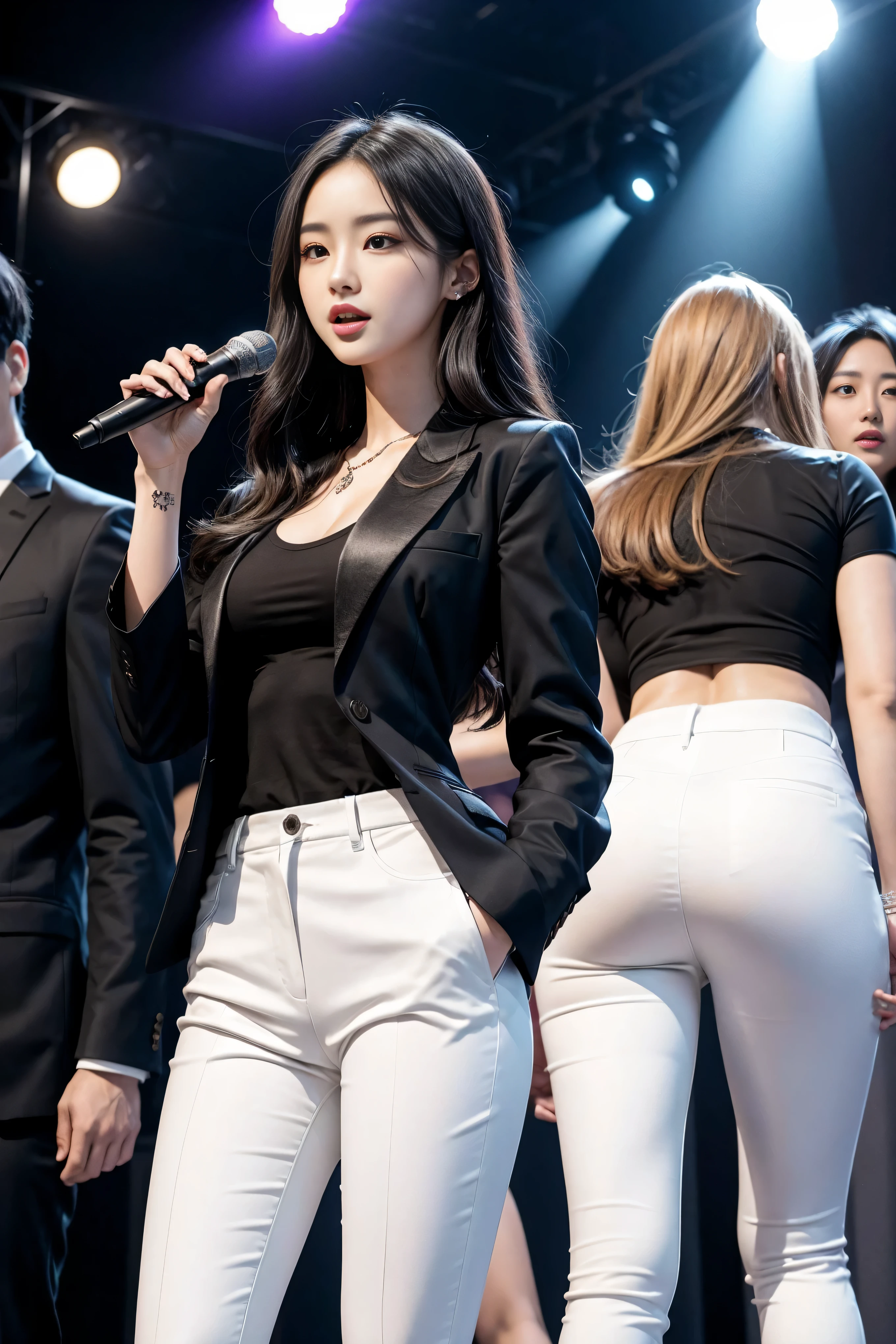 (8k,best quality,masterpiece,actual,super detailed:1.3),(1 girl,beautiful korean girl, kpop idol),(black blazer:1.2),(white leggings:1.1),(Serious expression:1.2)discuss,(speech,handheld microphone:1.2)(crowd,audience:1.3),Sexy long legs, (Thigh clearance:1.5),wide hips,S-shaped body, Hips raised,,black hair,(ass focus:1.1)shot from behind