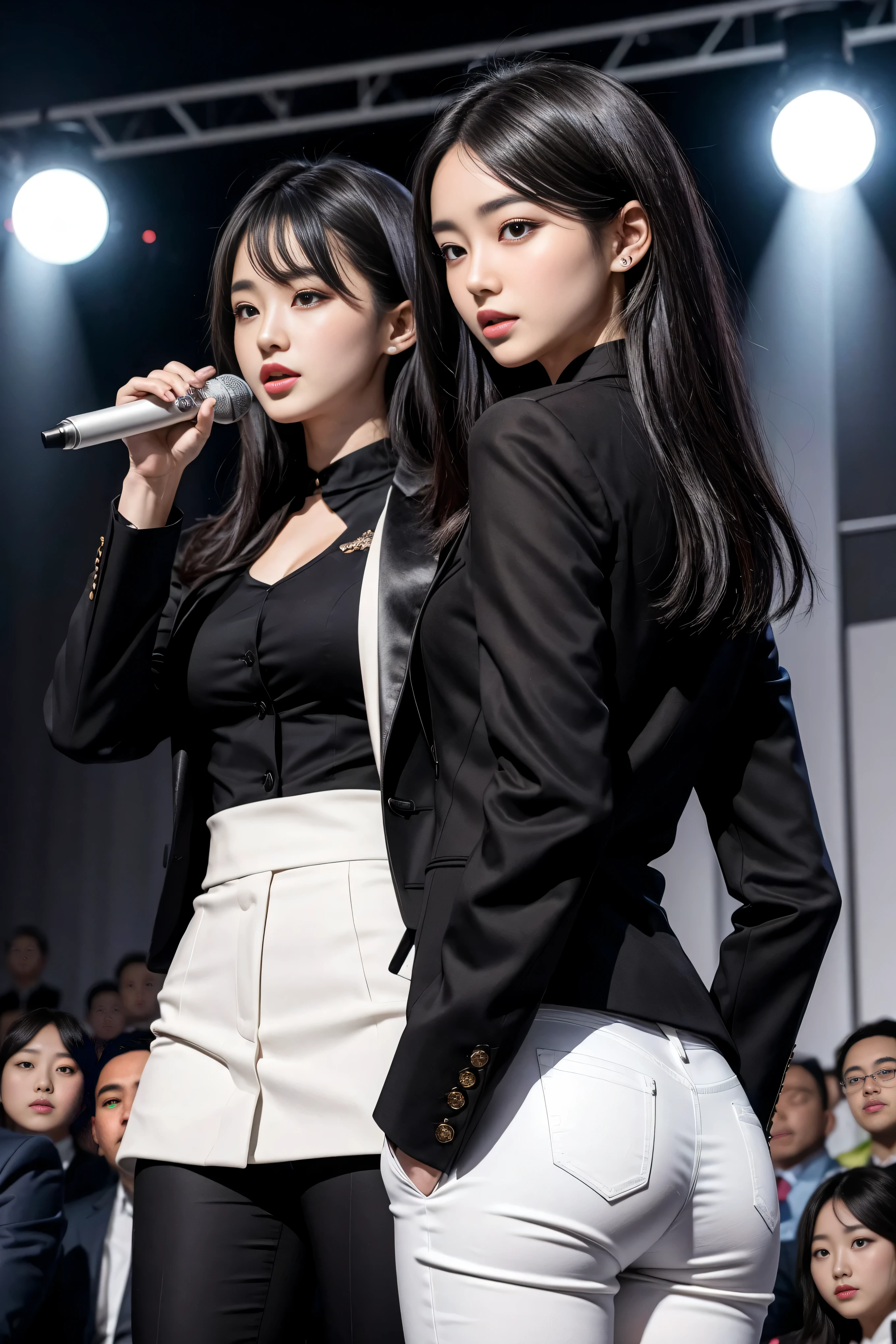 （8k，best quality，masterpiece，actual，super detailed：1.3），（1 girl，beautiful korean girl, kpop idol），（black blazer：1.2），（white leggings：1.1），（Serious expression：1.2）discuss，（speech，handheld microphone：1.2）（crowd，audience：1.3），Sexy long legs， （Thigh clearance：1.5），wide hips，S-shaped body， Hips raised，，black hair，（ass focus：1.1）shot from behind