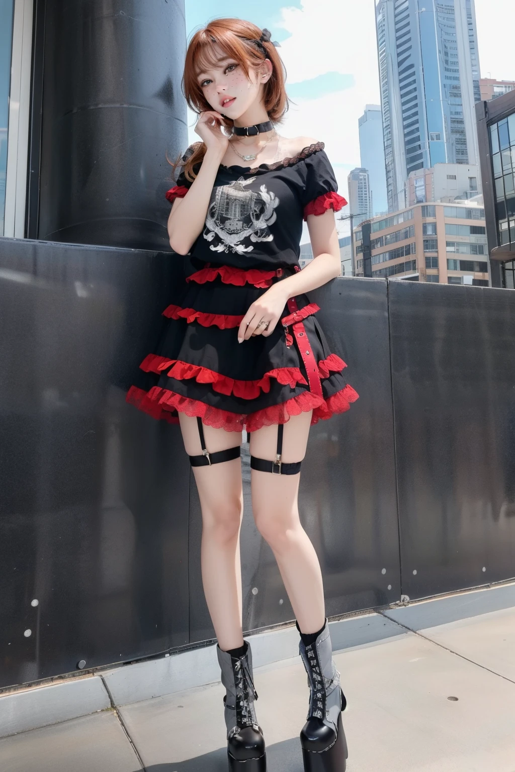 Freckles, ginger hair, grey eyes, freckles, 1girl, missmatch, red and black skirt, thighhigh and kneehigh, short sleeves, frills, choker, black shirt, thigh strap, asymmetrical legwear, platform boots, standing, cityscape,