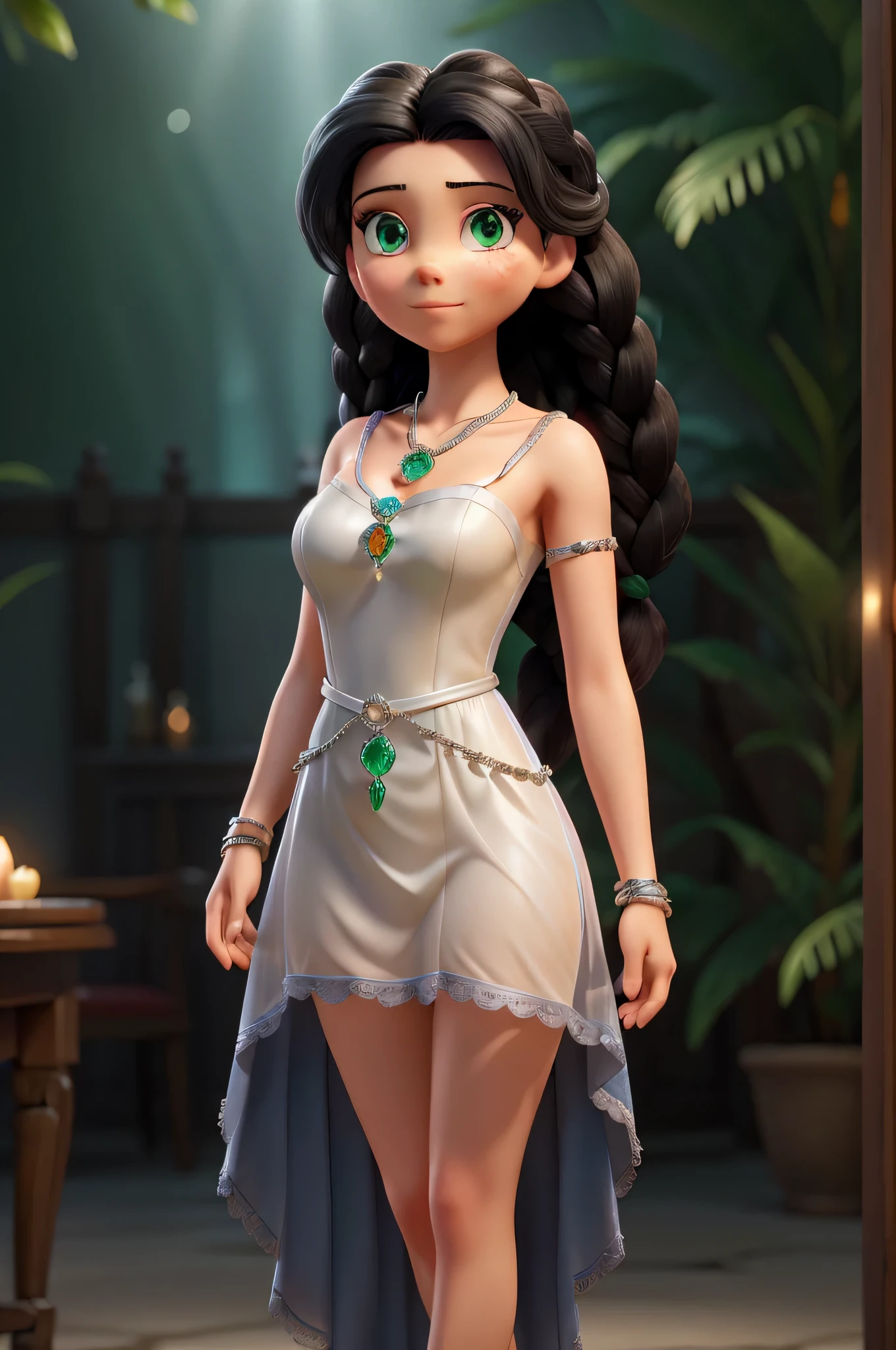 (Scarlett Johannsen:Kristin Kruek), A 20-year-old woman with black hair, high detail face, high detail skin, detailed green eyes, twin braids, a silver necklace with a sapphire pendant, wearing a plunging white translucent Greek robe, Roman sandals, silver bracelets on her arms, legs, forest in the background, masterpiece, extremely high detail, cinematic lighting, backlight, shallow depth of field, bokeh, sharp focus, RAW photo