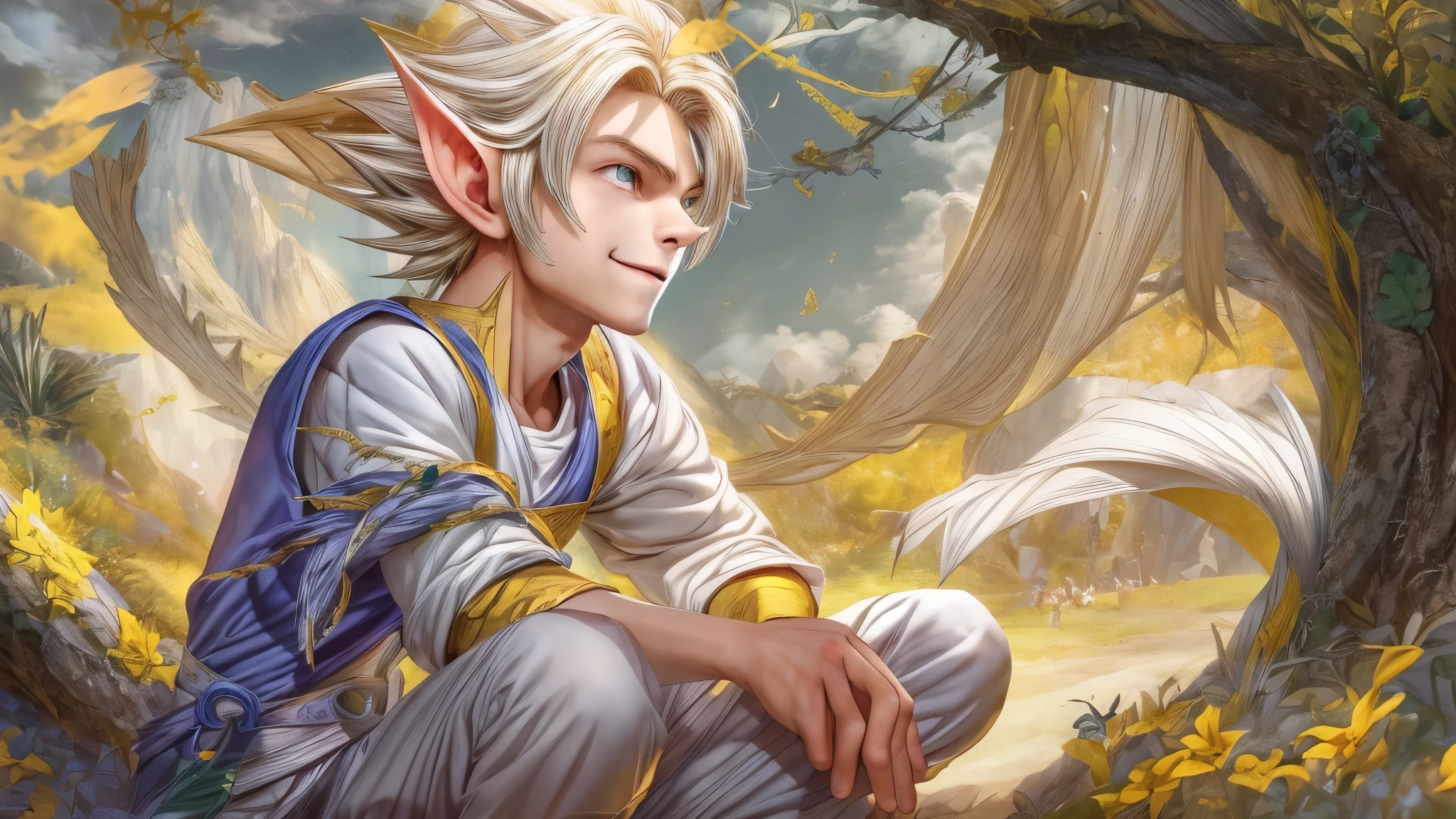 (master piece), 8k, best quality, panoramic view, book illustration, elf boy, childlike appearance, male, teenager, ten years old, white skin, thin body, pointed elf ears, beautiful finely detailed silver eyes , high forehead, yellow blonde spiky hair like Gohan from the anime dragon ball (super sayajin), Round face, highly detailed, sharp focus, Incredibly handsome, conservative elven outfit, conservative posture, Outgoing, smiling, positive energy, free spirit,