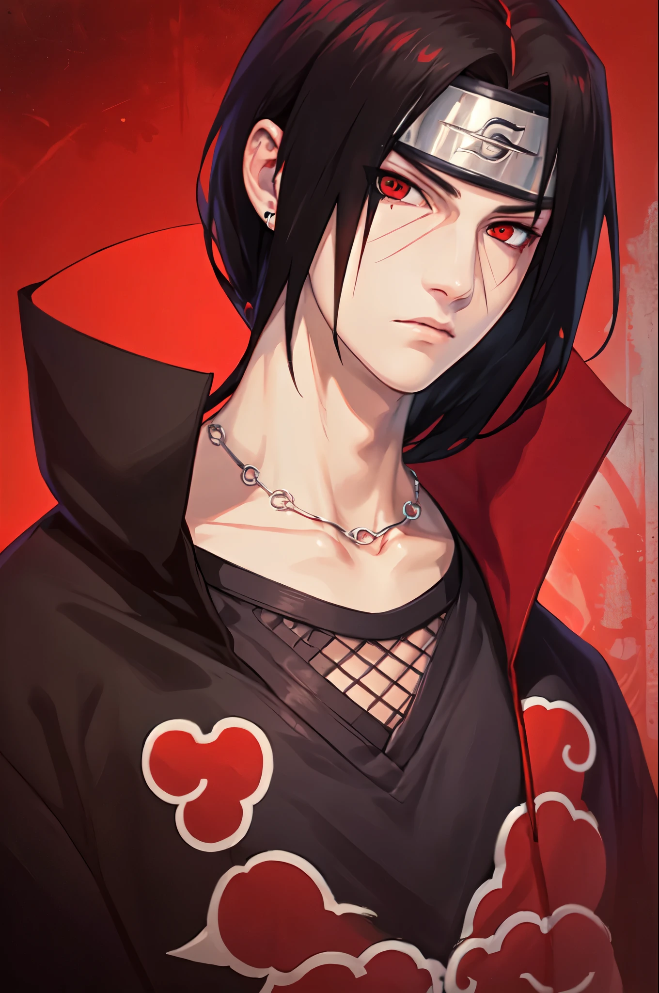 (masterpiece, best quality:1.2), red theme, solo, male focus, 1boy, uchiha itachi, expressionless, closed mouth, looking at viewer, forehead protector, ninja, cloak, high collar, jewelry, necklace