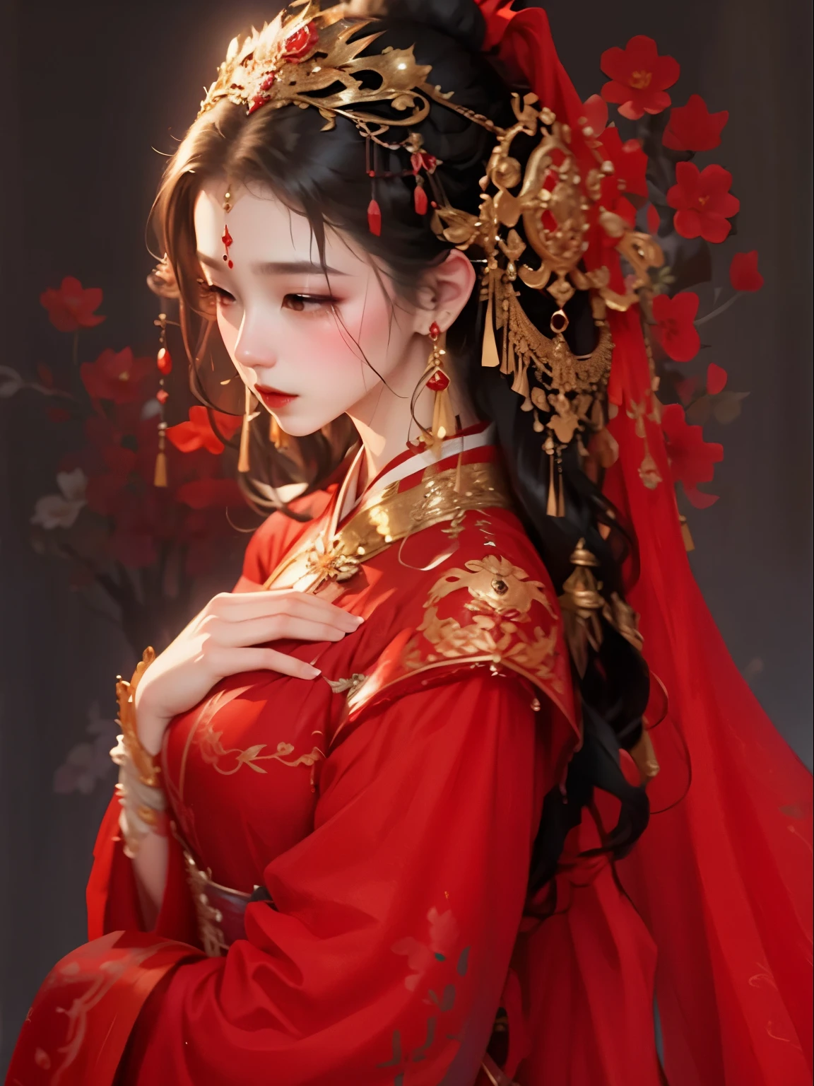 A woman in a red dress has a red veil and red flowers., ((Beautiful Fantasy Empress)), palace ， a girl in Hanfu, Beautiful Fantasy Empress, 🌺 cgsociety, ancient Chinese princess, By Yang J, Chinese princess, Beautiful Tang Dynasty performance, &quot;Beautiful anime girl, beautiful character drawings, Hanfu, traditional chinese, Traditional Chinese Art Style