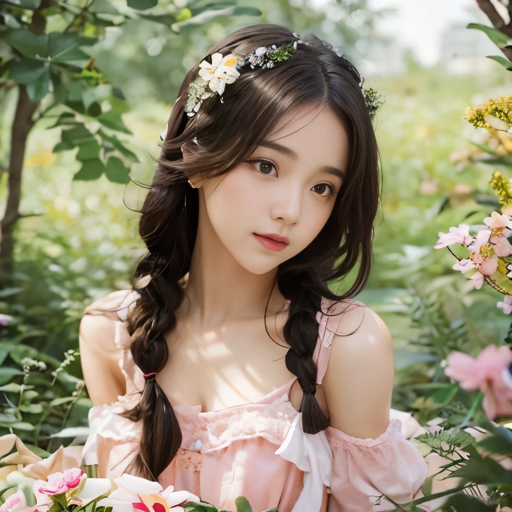 cute teenage girl, looking at the peach tree、full body shot、Height: approx. 160cm, brown eyes, Spring-like pink clothes, braided black hair, masterpiece, 最high quality, 超high quality, high quality, High resolution, ultla High resolution, disorganized, 4k, 8K, 16k, very detailed, Complex, great shading, high contrast, realistic, photo realistic, RAW photo, photo shoot, super detailed illustrations, shortening, perfect anatomy, correct anatomy, perfect proportions, perfect face, perfect hands, perfect legs, perfect fingers、The background is a bright peach tree々