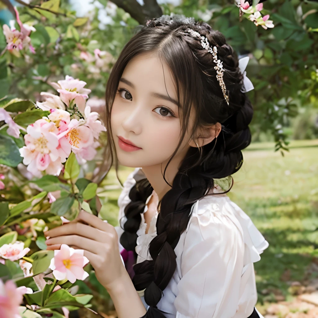 cute teenage girl, looking at the peach tree、full body shot、Height: approx. 160cm, brown eyes, Spring-like pink clothes, braided black hair, masterpiece, 最high quality, 超high quality, high quality, High resolution, ultla High resolution, disorganized, 4k, 8K, 16k, very detailed, Complex, great shading, high contrast, realistic, photo realistic, RAW photo, photo shoot, super detailed illustrations, shortening, perfect anatomy, correct anatomy, perfect proportions, perfect face, perfect hands, perfect legs, perfect fingers、The background is a bright peach tree々