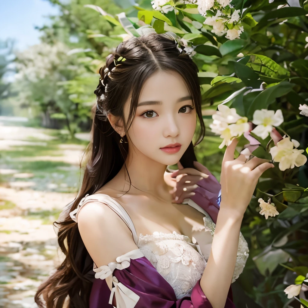 cute  girl, looking at the peach tree、full body shot、Height: approx. 160cm, brown eyes, Spring-like pink clothes, braided black hair, masterpiece, 最high quality, 超high quality, high quality, High resolution, ultla High resolution, disorganized, 4k, 8K, 16k, very detailed, Complex, great shading, high contrast, realistic, photo realistic, RAW photo, photo shoot, super detailed illustrations, shortening, perfect anatomy, correct anatomy, perfect proportions, perfect face, perfect hands, perfect legs, perfect fingers、The background is a bright peach tree々