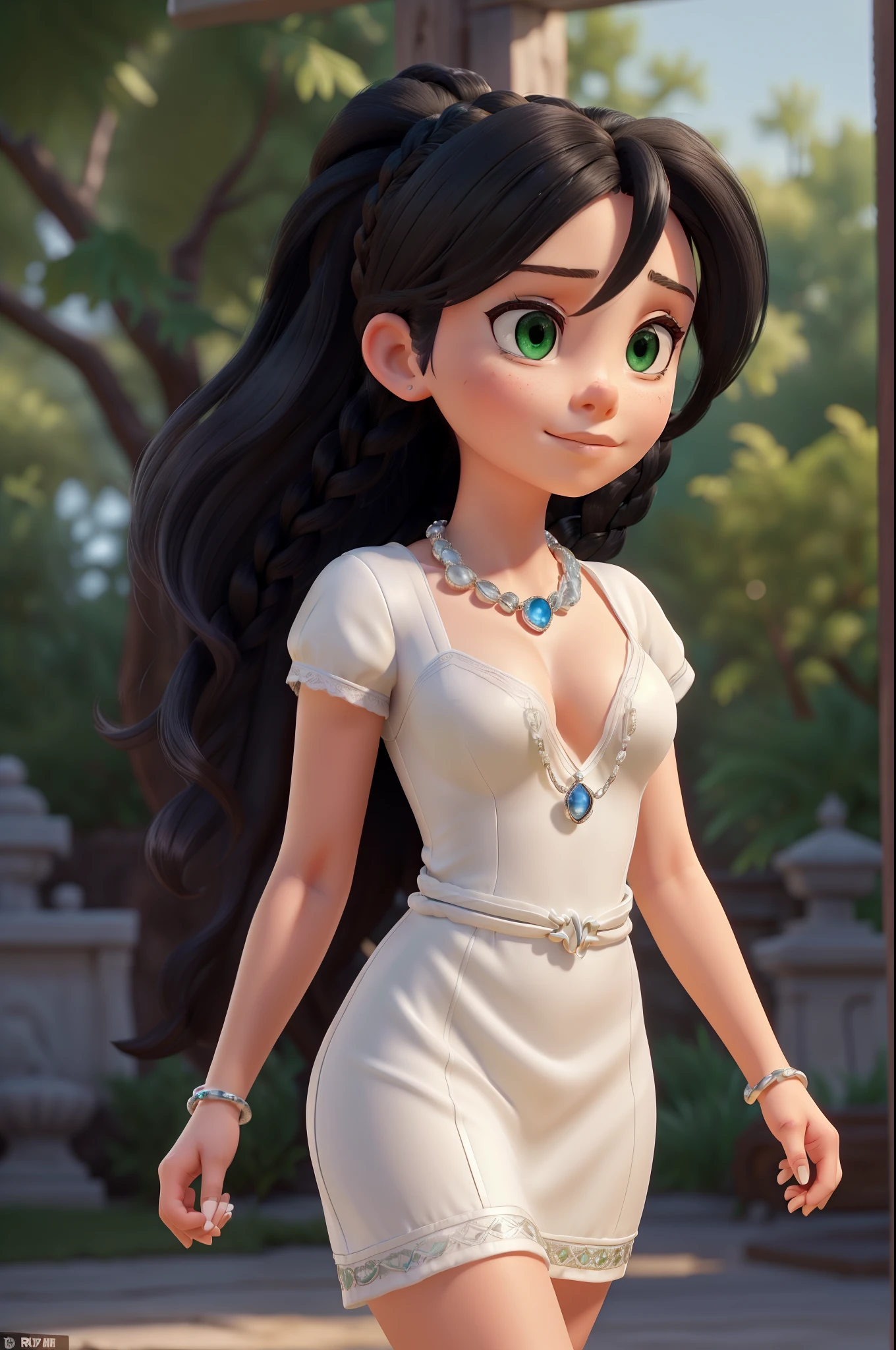 (Scarlett Johannsen:Kristin Kruek), A 20-year-old woman with black hair, high detail face, high detail skin, detailed green eyes, twin braids, a silver necklace with a sapphire pendant, wearing a plunging white see-thru Greek robe, Roman sandals, silver bracelets on her arms, legs, forest in the background, masterpiece, extremely high detail, cinematic lighting, backlight, shallow depth of field, bokeh, sharp focus, RAW photo