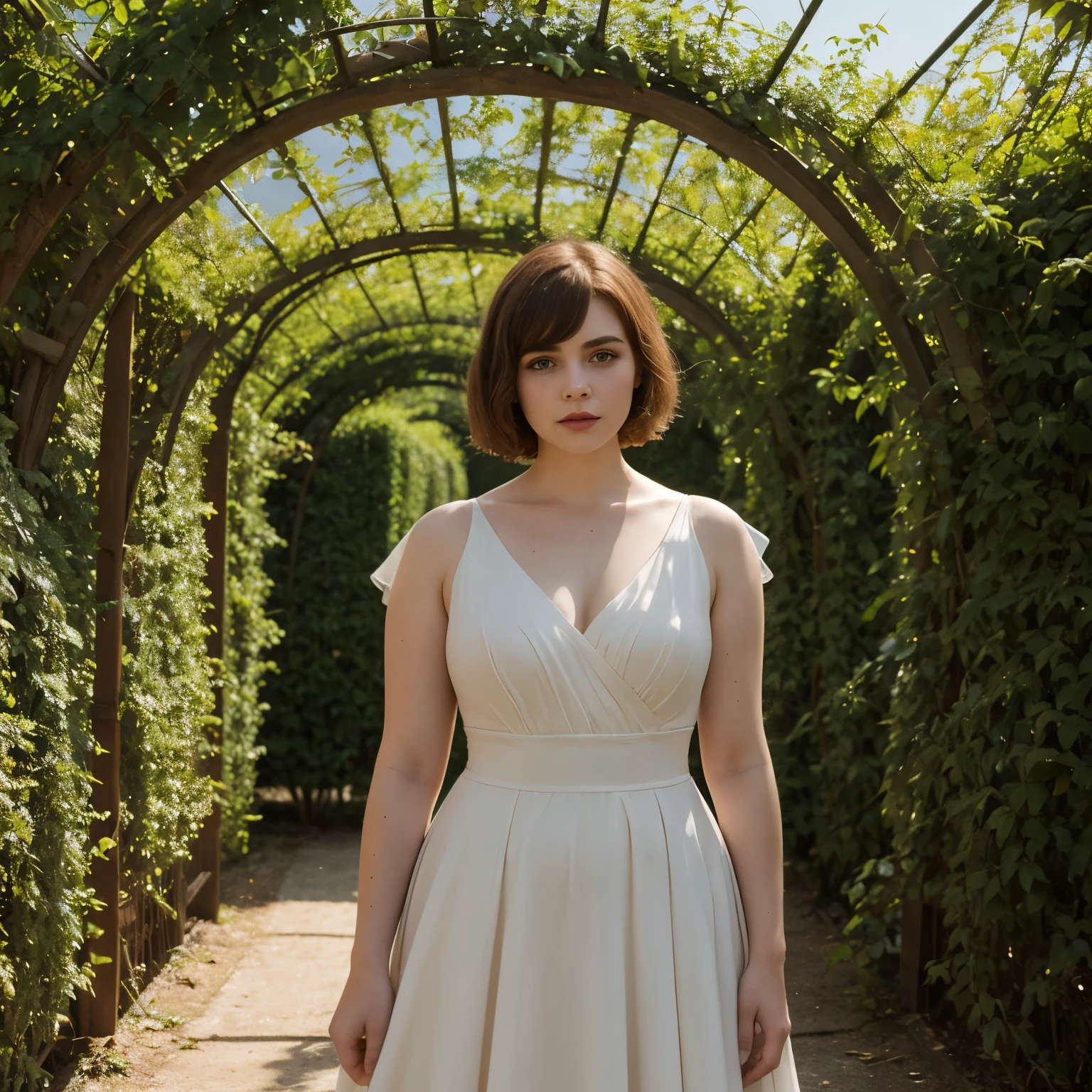 Sophia Lillis, thick woman, long straight hair, photograph quality, eyeshadow and lipstick, form fitting dress, standing under trellis vines