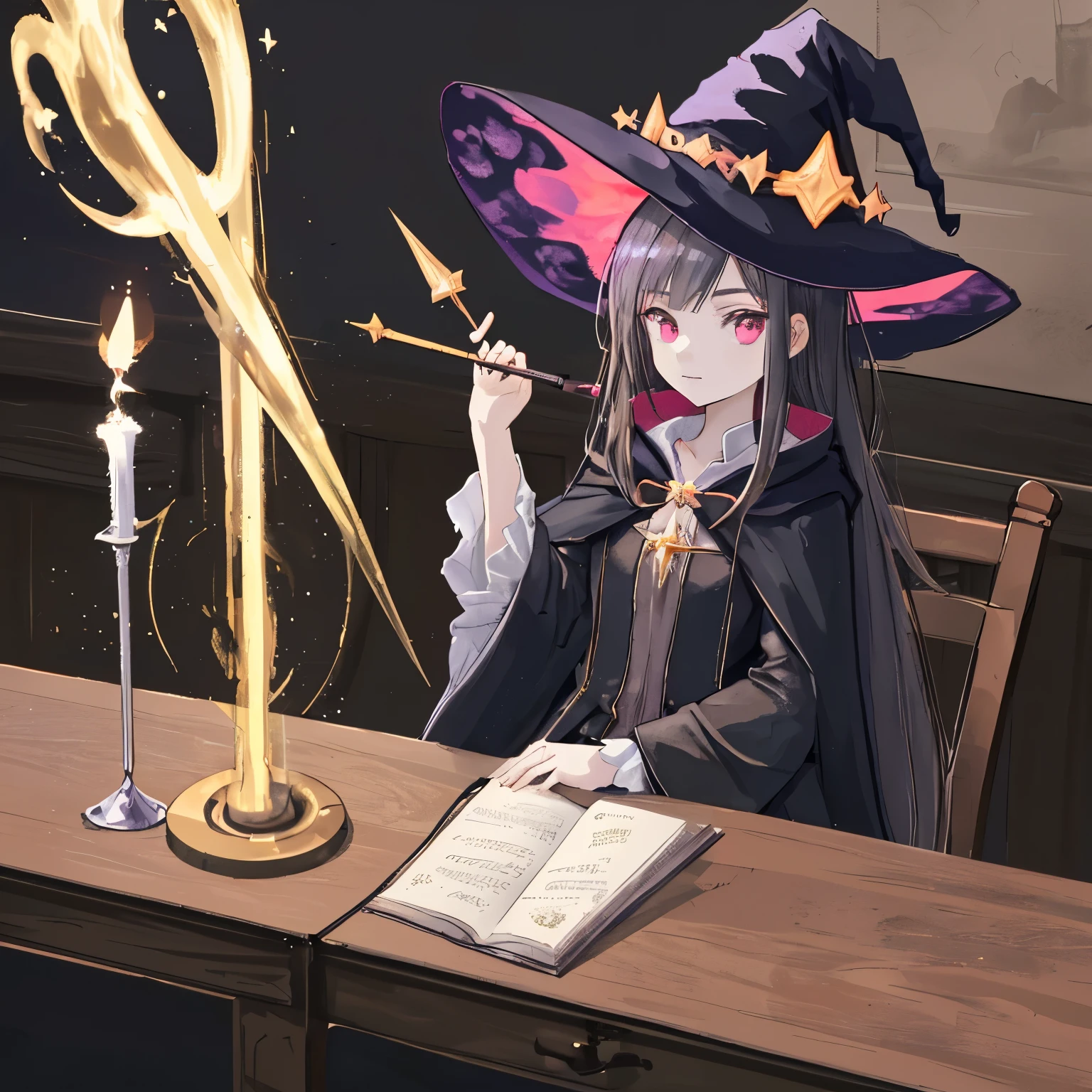 1 young witch,holding a magic wand,sitting on the table