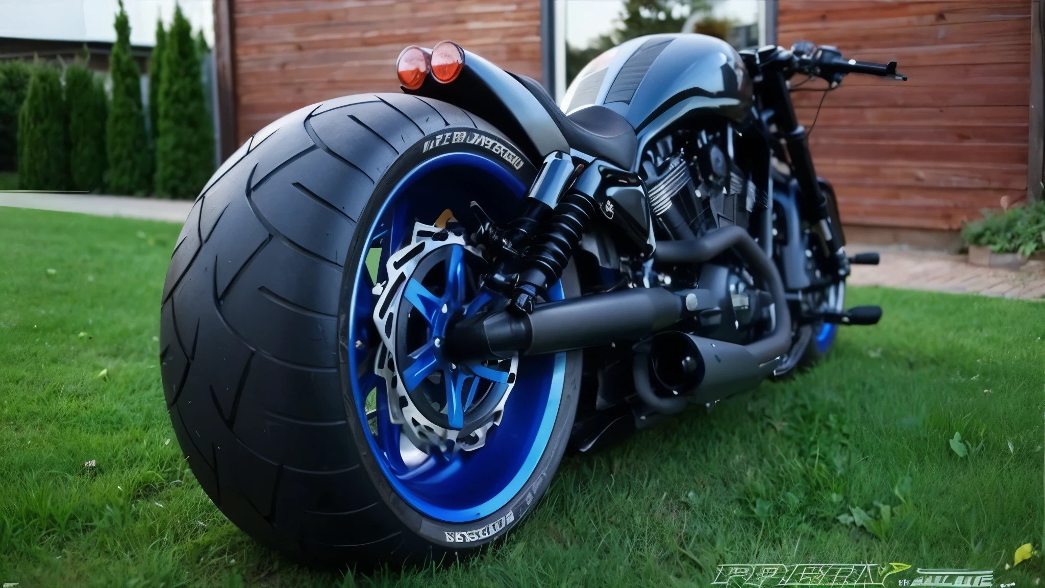 a close up of a motorcycle parked on a grass field, harley davidson motorbike, motorcycles, harley davidson, motorcycle, futuristic motorcycle, slick tires, black and blue, octane fender, with big chrome tubes, 🔥 😎 🕹️ 👀 :2, chrome motorcycle parts, ❤🔥🍄🌪, cafe racer, blue and black color scheme)), badass look, same design, 16k resolution, with expression, realistic image, hyper realistic image
