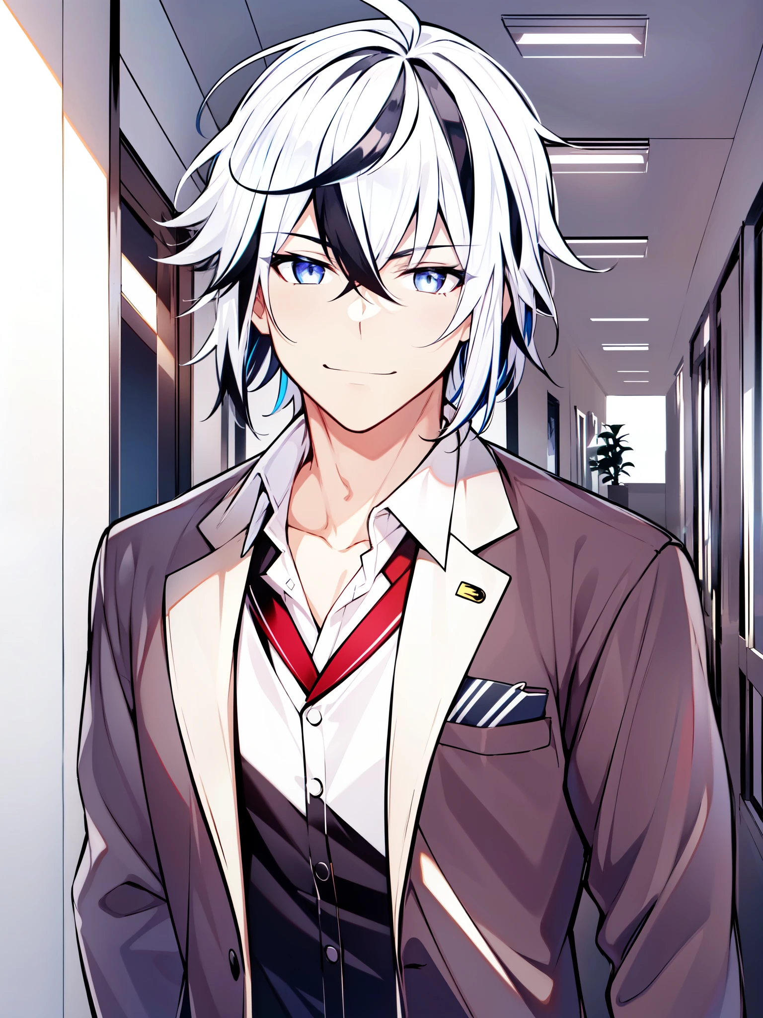 ((white hair)), ((multicolored hair)), ((school uniform)), ((complementary color)), ((toned)), ((school)), ((hallway)), ((masculine face)),  ((cheerful expression)), ((handsome)), ((light skin)),1boy, beautifully drawn, high resolution illustration, best quality, High definition, ((detailed anime sketch)), Masterpiece, (solo), absurdres, ((wild hairstyle)), detailed background, fine detail, male focus, HDR, ((short hair)),((close-up)), upper body, detailed, portrait
