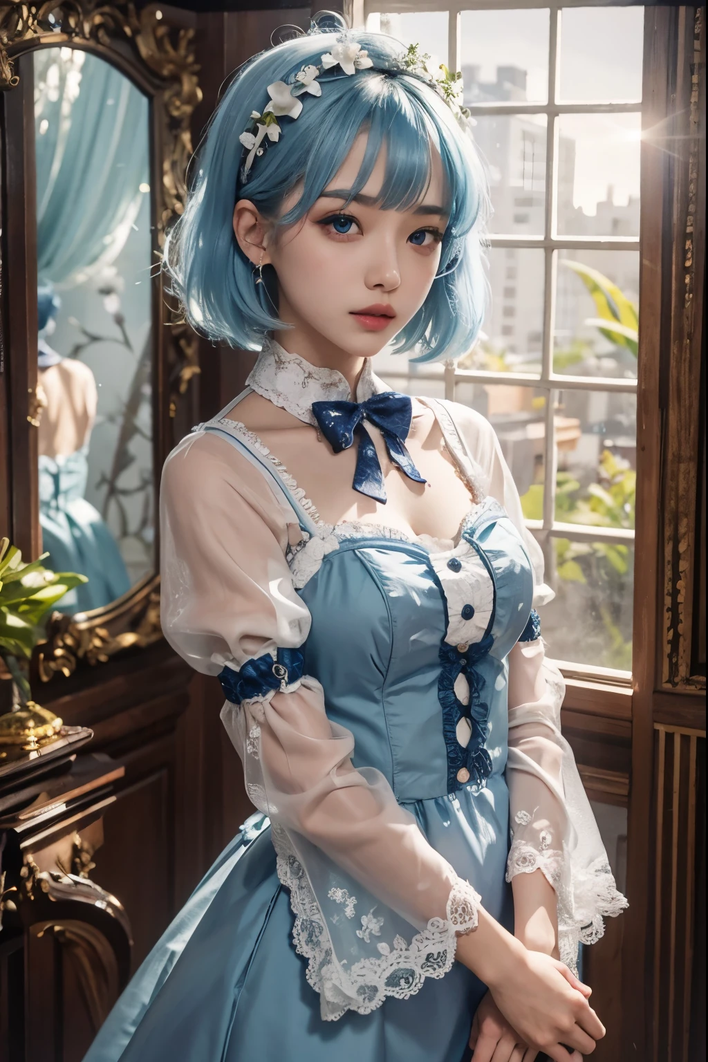 Maid clothes、beautiful face、blue hair color、light blue eyes、hairstyle short bob、one blindfold