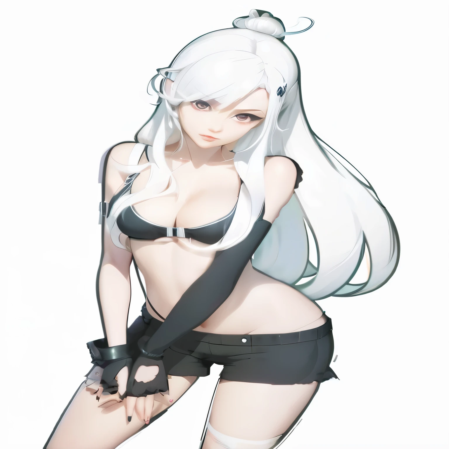 A picture of a woman with white hair and black shirt, Cartoon rendering art style, Tifa Lockhart white hair, Danganronpa digital art, Vector shadow anime, Danganronpa Enoshima Junko, Anime woman full body art, anime monster girl, bad posture, whole body silver eyes, cartoon animation,Hands correct
