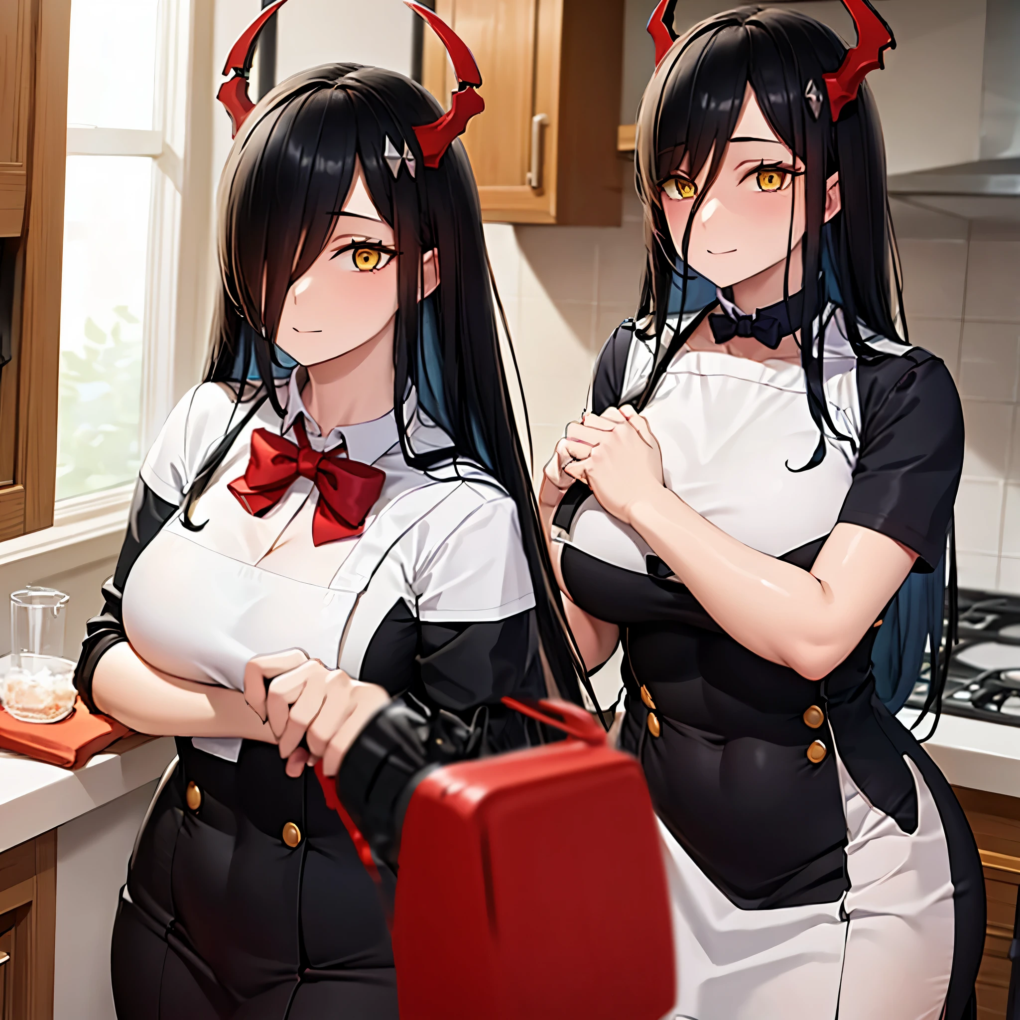 FriedrichA woman, with black hair, red horns, yellow eyes, wearing a maid costume in a kitchen
