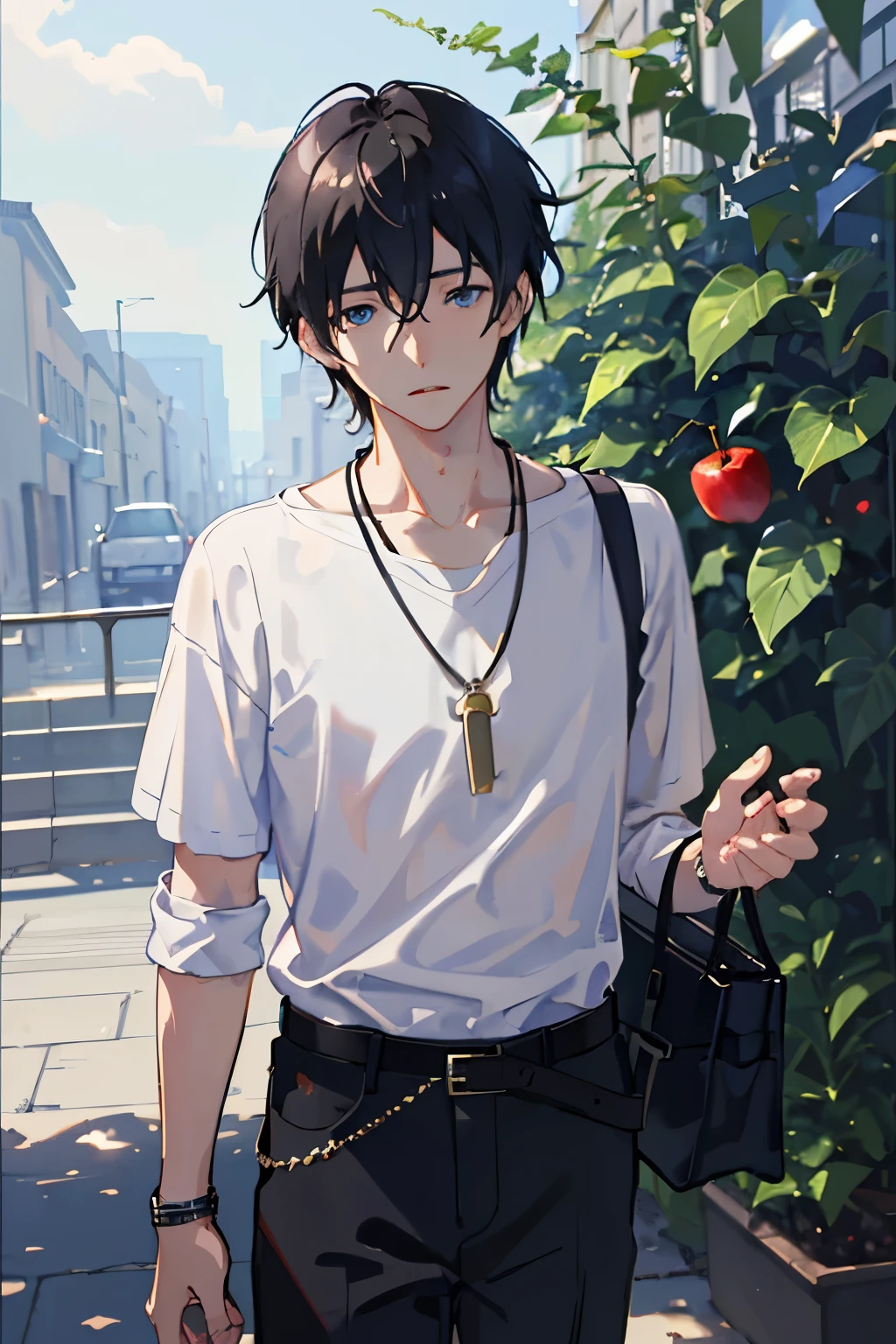 1boy, apple, bag, bangs, berry, black hair, black shirt, blue eyes, hair between eyes, jewelry, leaf, looking at the viewer, male focus, necklace, pants, shirt, solo, watch, white pants, wristwatch, messy hair, trend in artstation, 8k resolution, highly detailed, anatomically correct, sharp image, digital painting, concept art, trend in pixiv, makoto shinkai style