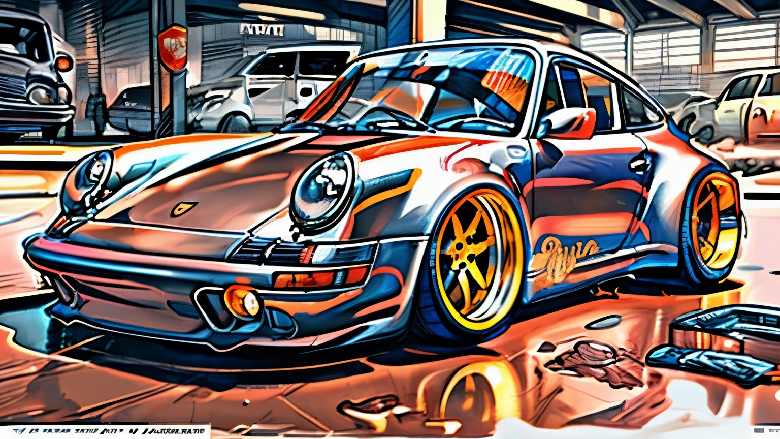 (RAW Photo, Best Quality), (Realistic, Photorealistic Photo: 1.3), Best Quality, Highly Detailed, Masterpiece, Ultra Detailed, Illustration, 
Porsche 911 rwb, wide body, sketch, 
cartoonish, comic strip, rendering, chrome wheels, bagged, slammed to the ground, empty parkinglot, style dessin manga, couleur