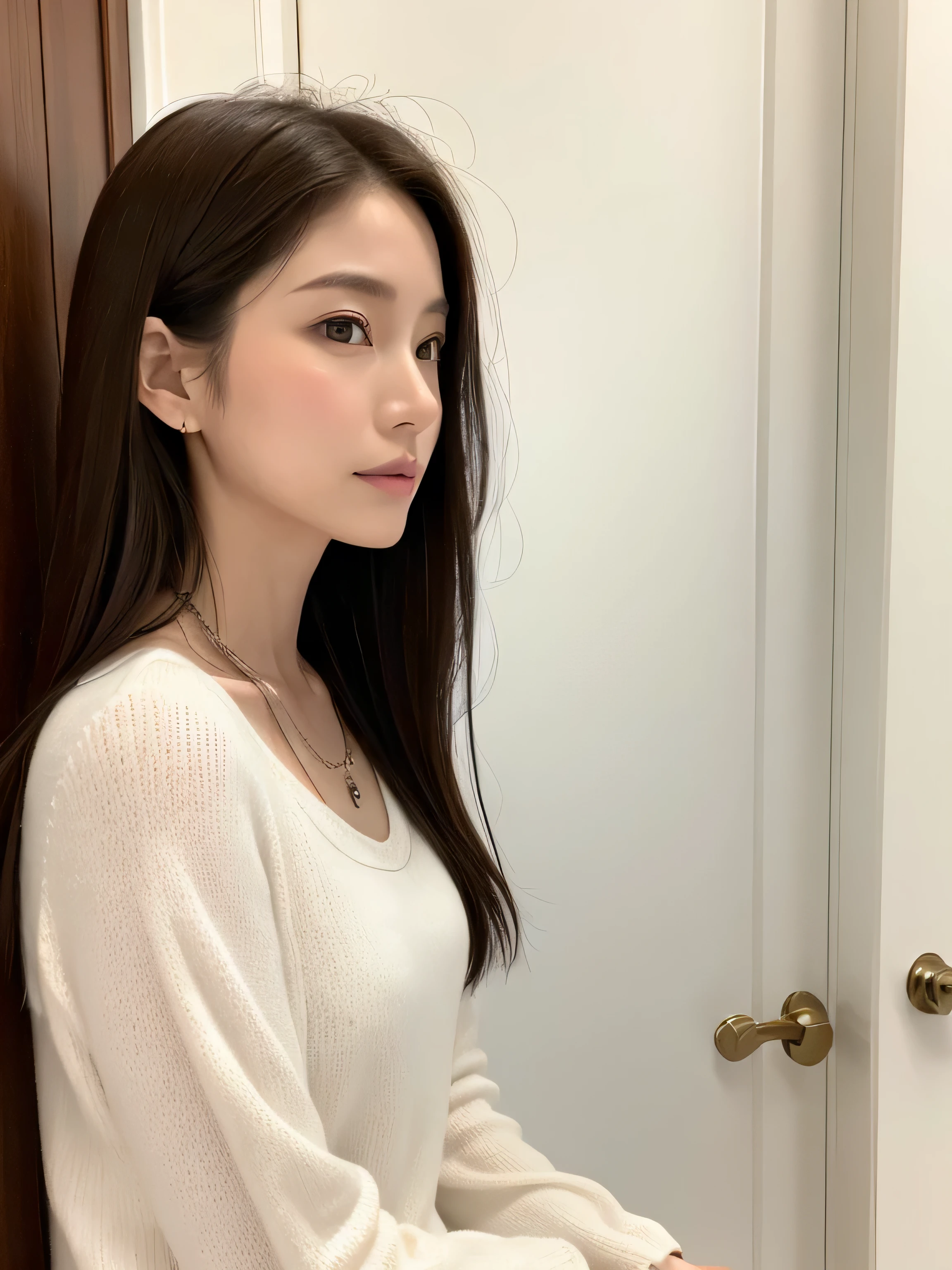 (very realistic photo, High resolution, detailed face, fine eyes), japanese woman, 40 years old, various expressions, alone:1, slim body shape, various hairstyles, casual clothes, 写真の中でalone、long sleeve dress、Photographed in natural light、white wall、Taken in front of the white door、(窓のあるwhite wallの部屋)、simple necklace、spring clothes、Don'don't look at the camera、profile、dark brown hair color